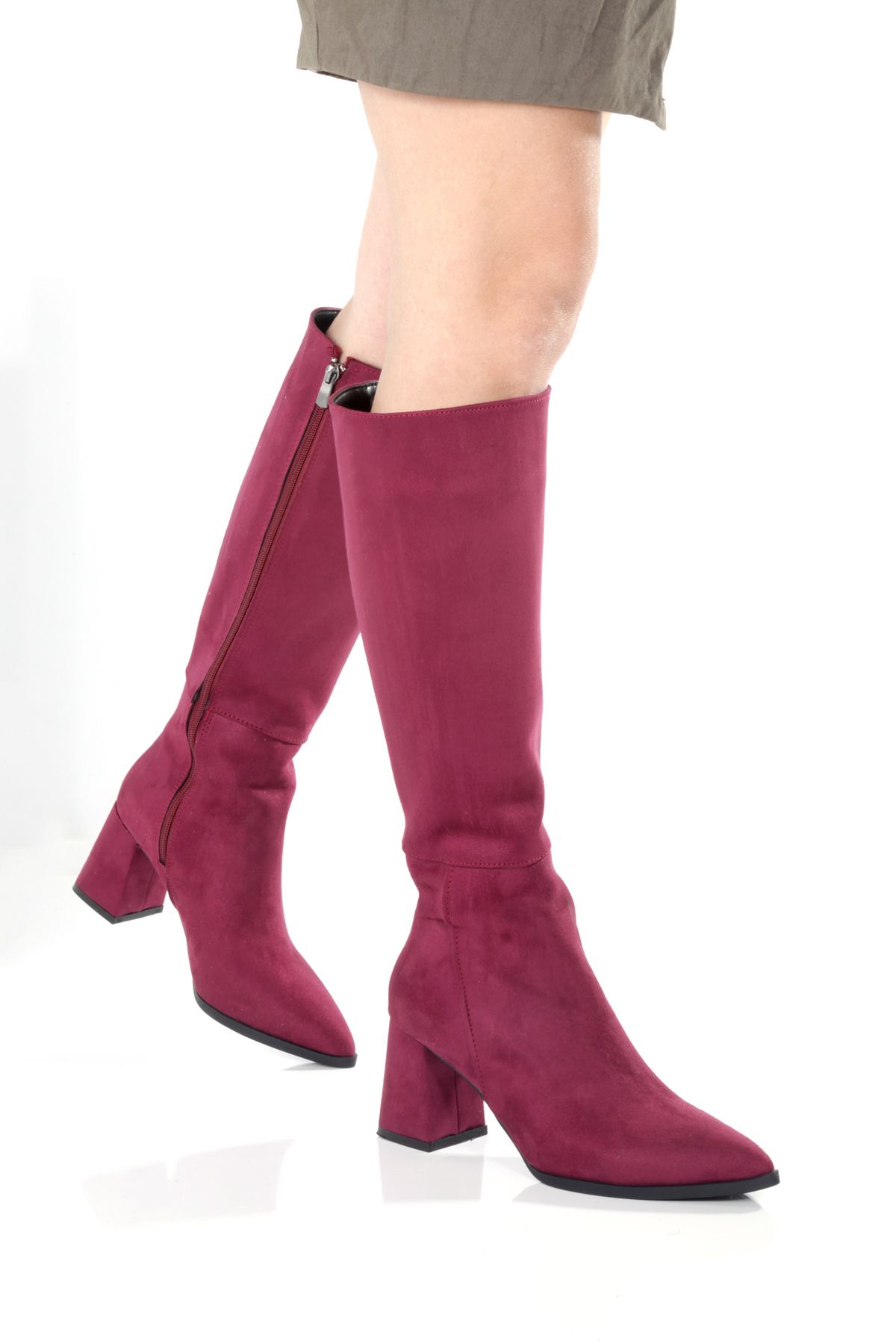 ÜNAL ÖZER-Women's Burgundy Suede Pointed Toe Thick Heeled Boots Un001-0132 3