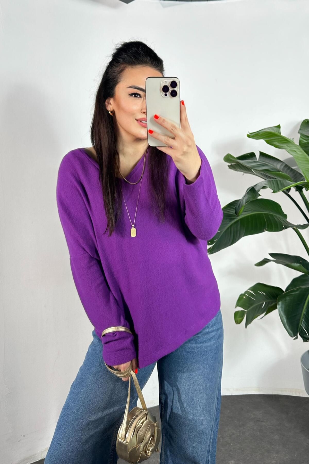 Butik Gardrop-Purple V-Neck Soft Women's Sweater 3