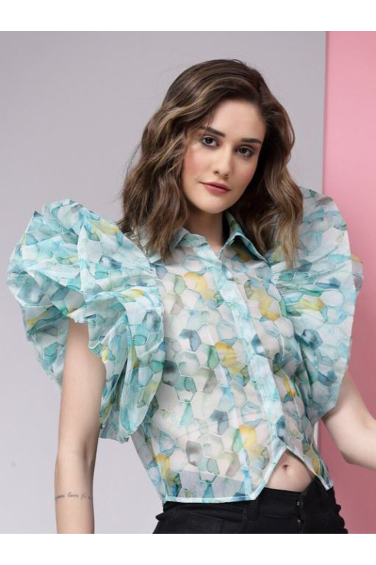 Kassually By Styli-Sheer Organza Printed Crop Shirt 2