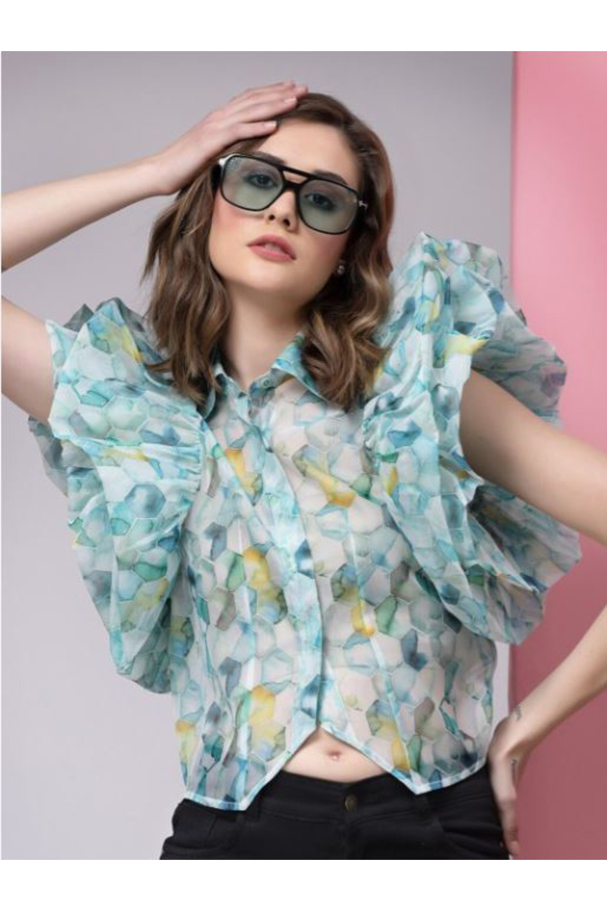 Kassually By Styli-Sheer Organza Printed Crop Shirt 1