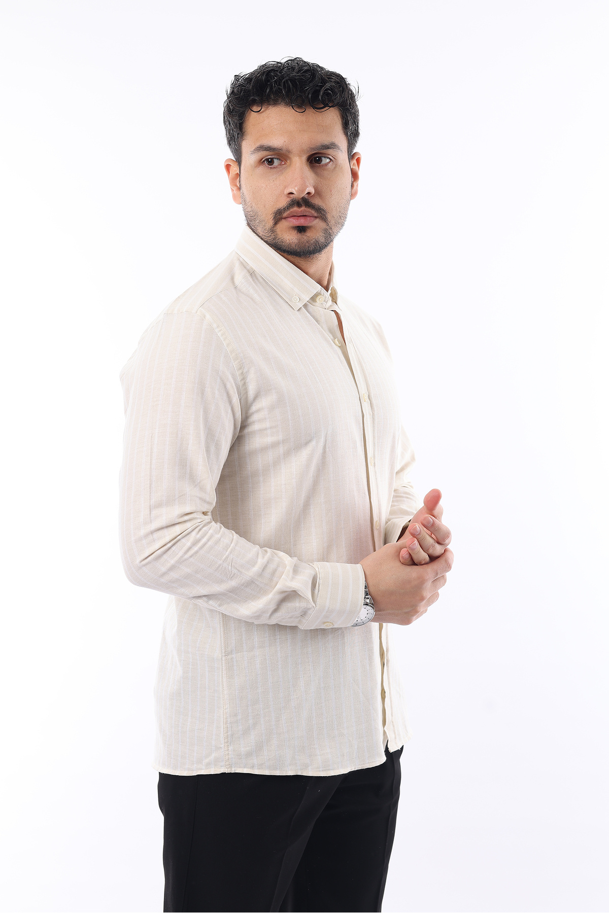 İDS COLLECTİON-Cămașă din bumbac cu dungi pentru bărbați, cu mânecă lungă, cu nasturi, modernă, slim fit 4