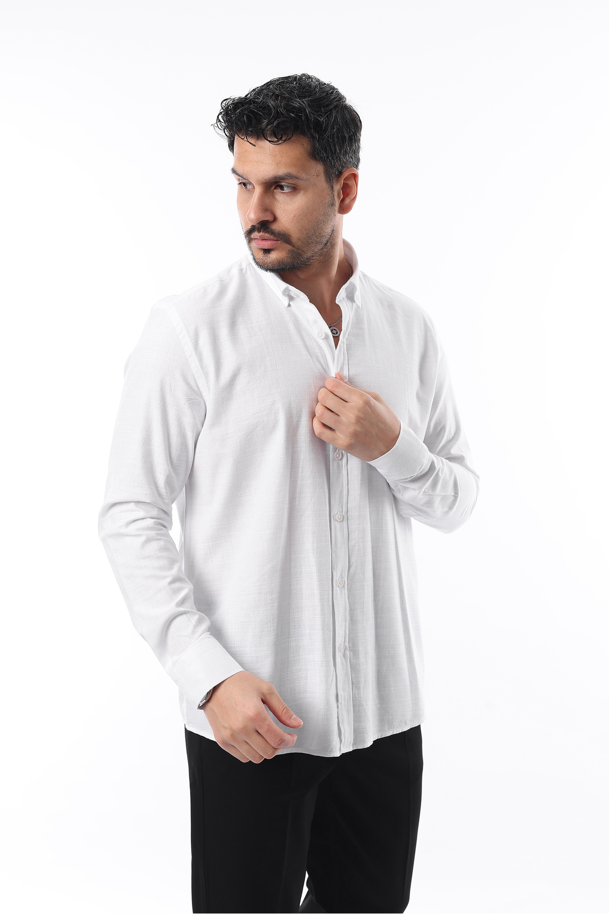 İDS COLLECTİON-Cămașă evazată pentru bărbați, albă, slim fit, cu aspect de in, 100% bumbac 4