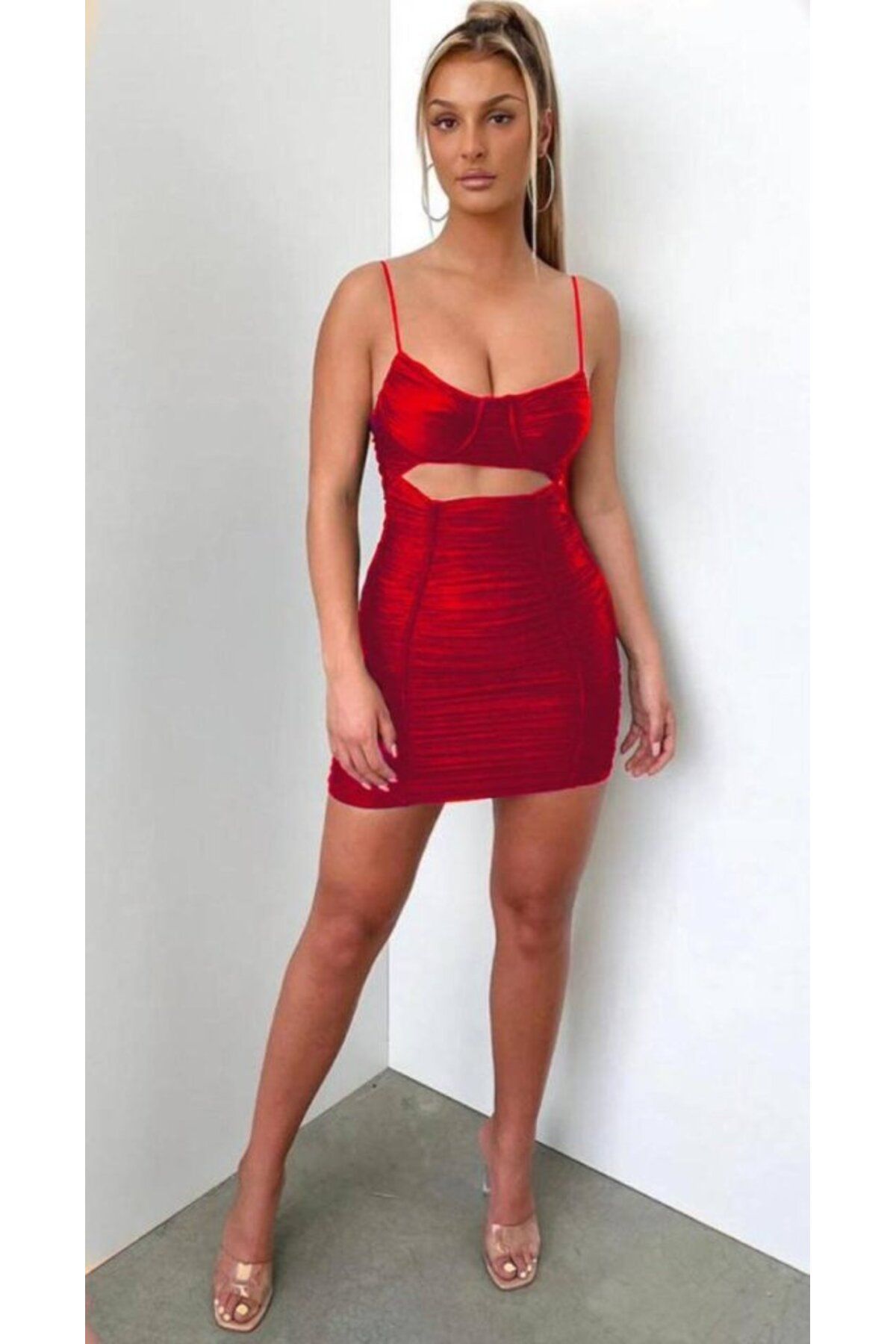 Feminine Touch-Women's Shoulder Strap Belly and Back Low-Cut Gipe and Drawstring Detail Opportunity Product Mini Dress 2