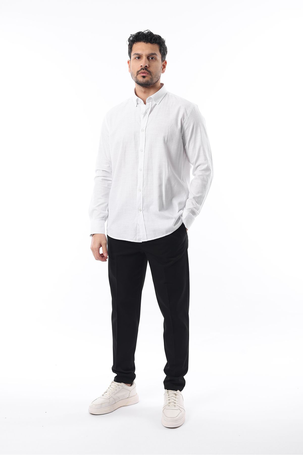 İDS COLLECTİON-Cămașă evazată pentru bărbați, albă, slim fit, cu aspect de in, 100% bumbac 3
