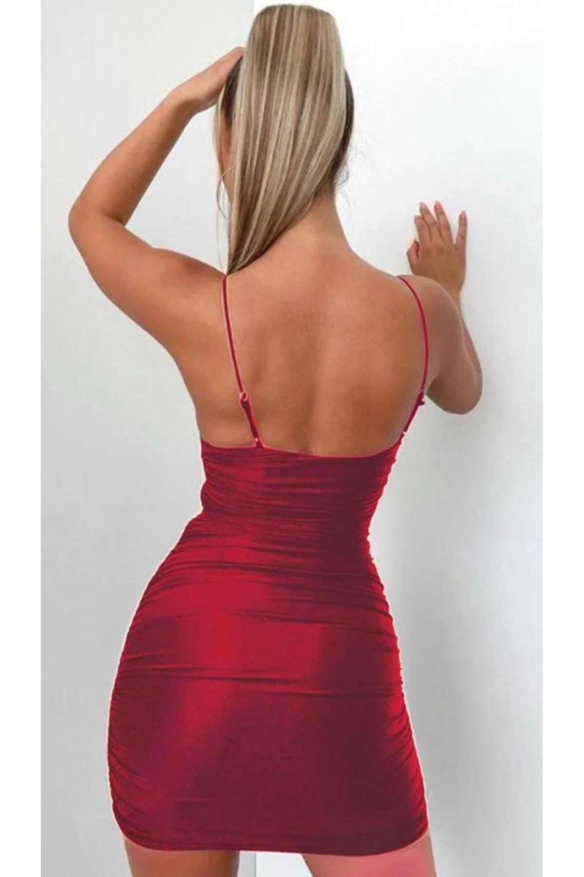 Feminine Touch-Women's Shoulder Strap Belly and Back Low-Cut Gipe and Drawstring Detail Opportunity Product Mini Dress 3