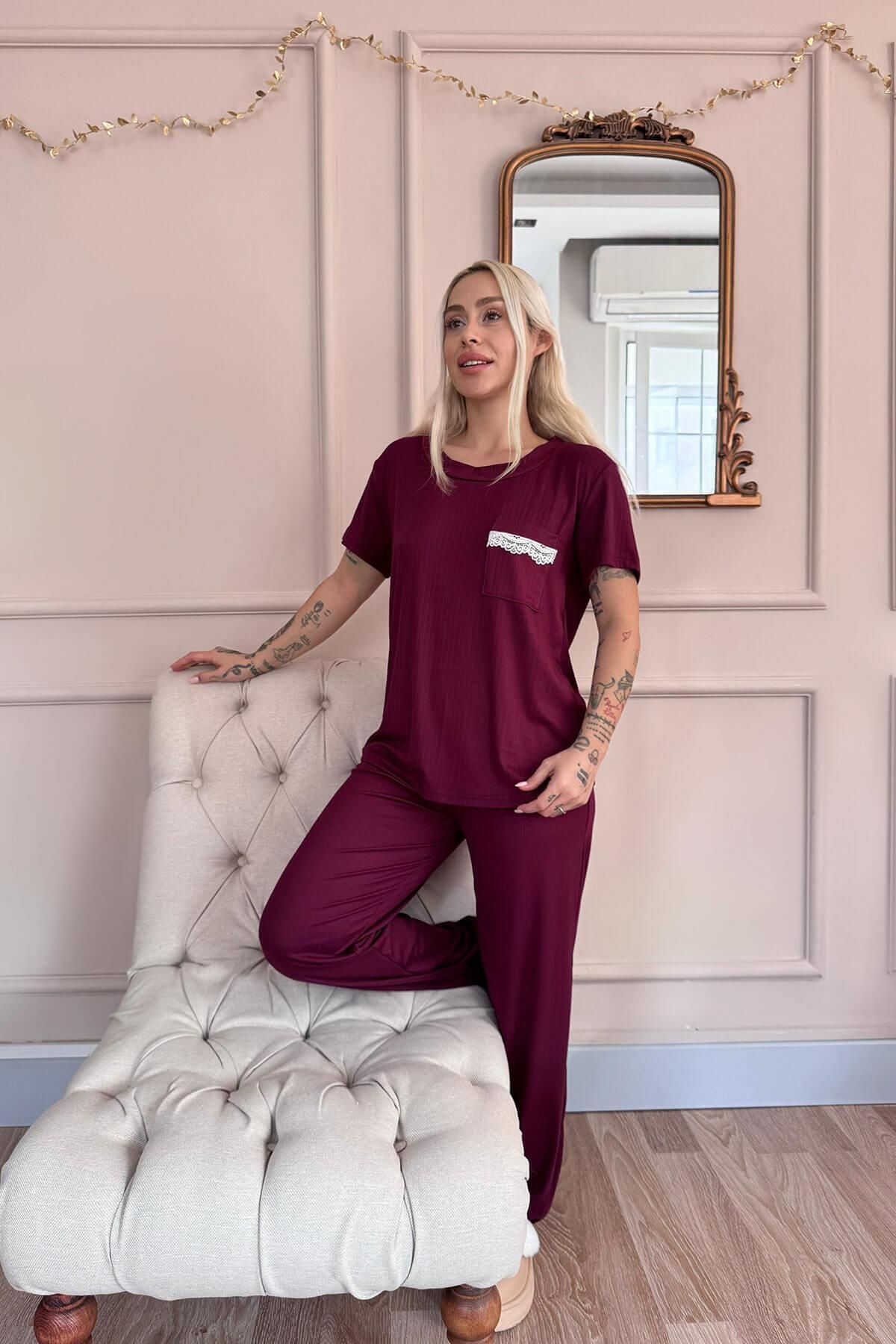 Pijamaevi-Set de pijamale pentru femei Plum Dublin cu mâneci scurte din dantelă 6