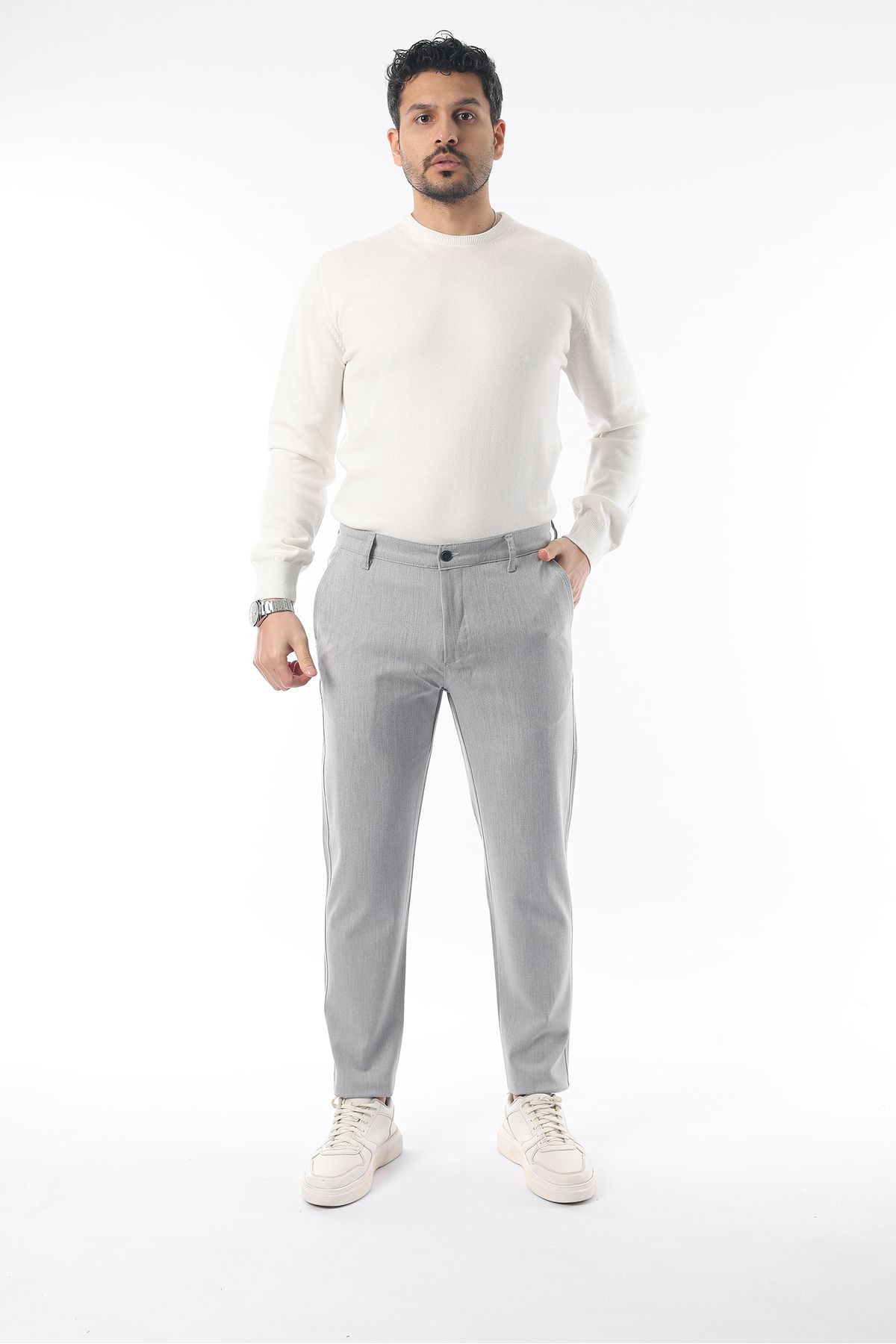 İDS COLLECTİON-Pantaloni sezonieri din țesătură lycra slim fit gri deschis 3