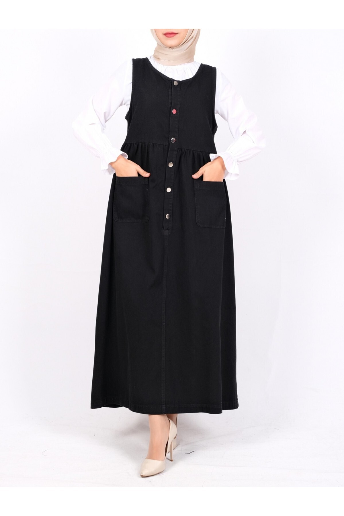 Modamorfo-Front Pocket Waist Drawstring Half Placket Denim Gilet -Black 3