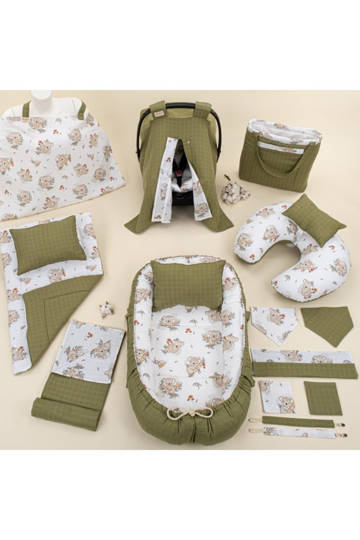 Yunikobaby-18 Pieces Full Set - Double Sided - Dark Pistachio Green Muslin Koala 1