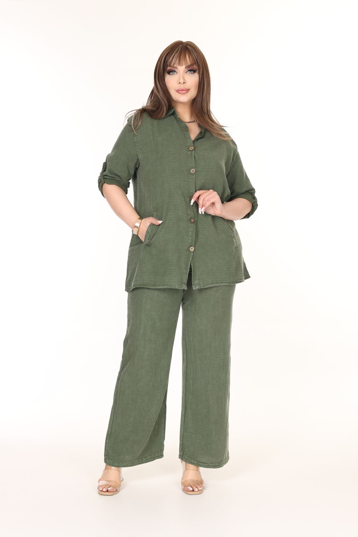 MJORA-100% Cotton Linen Fabric Star Embroidered Shirt&Pants Set 1