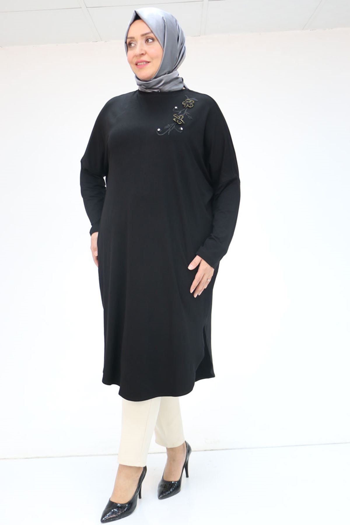 Eslina-58040 Plus Size Low Sleeve Flower-Stone Detailed Combed Cotton Tunic - Black 2