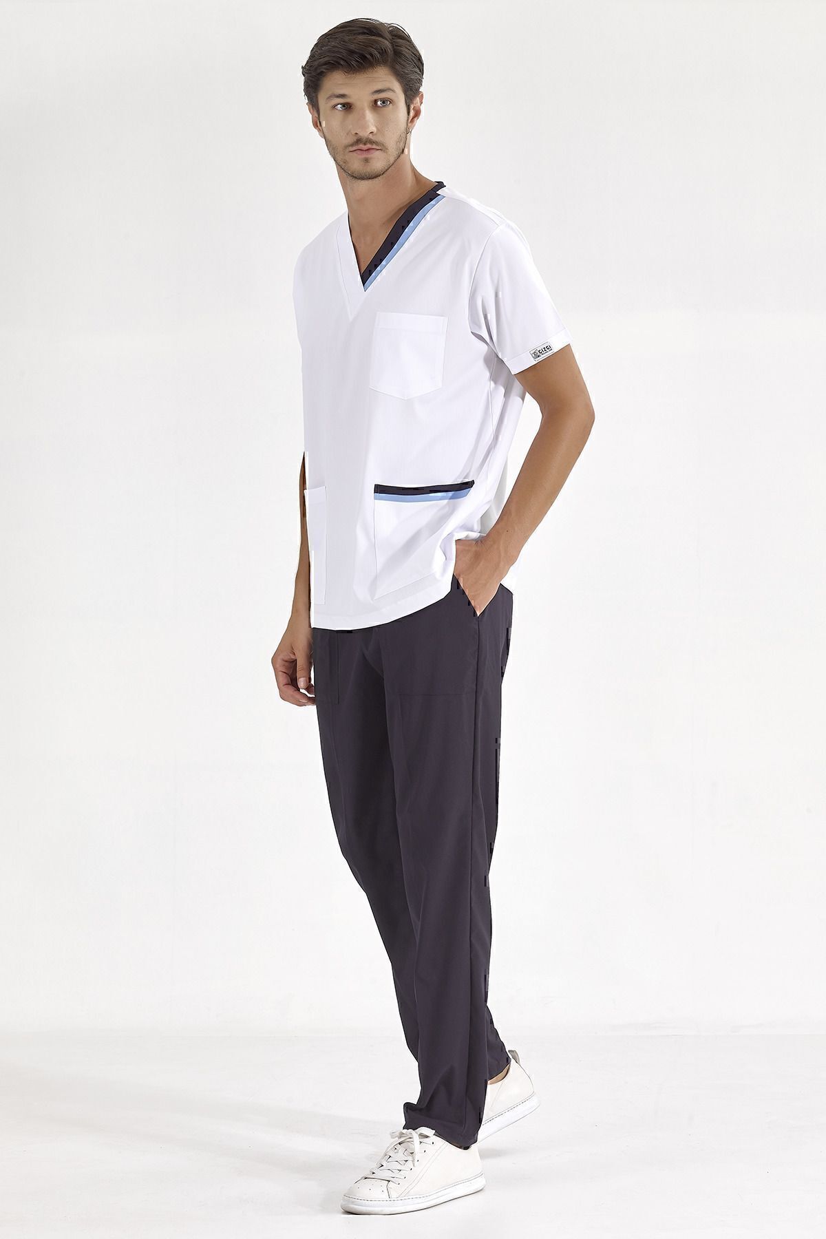 ÇİZGİ MEDİKAL-Light Blue-Navy Double Collar Lycra Doctor Nurse Jersey (Bottom+Top) 2