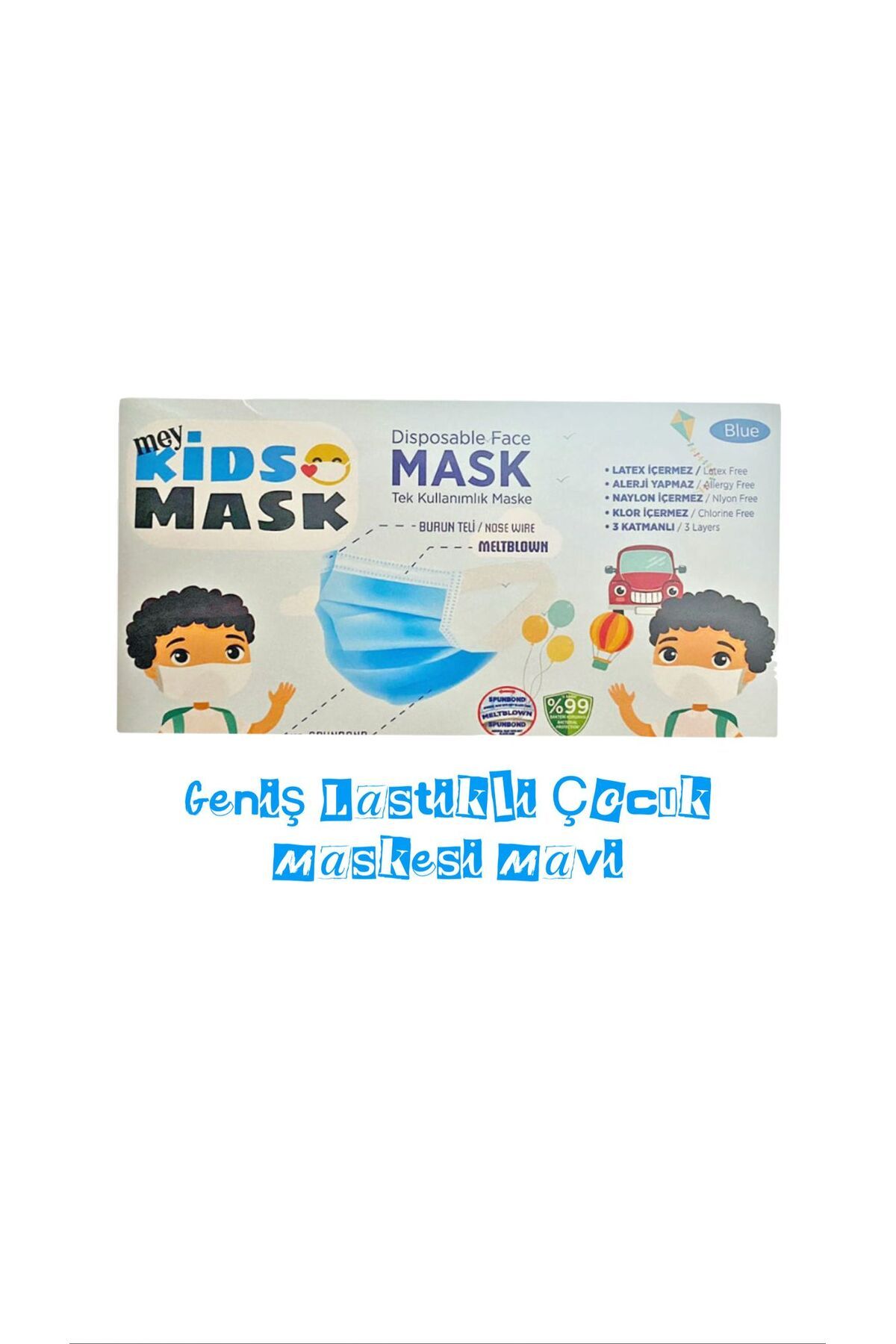 Meymed 200 Adet Maske 3 Katlı Geniş Lastikli Çocuk Maskesi Mavi 50 Li 4 Kutu