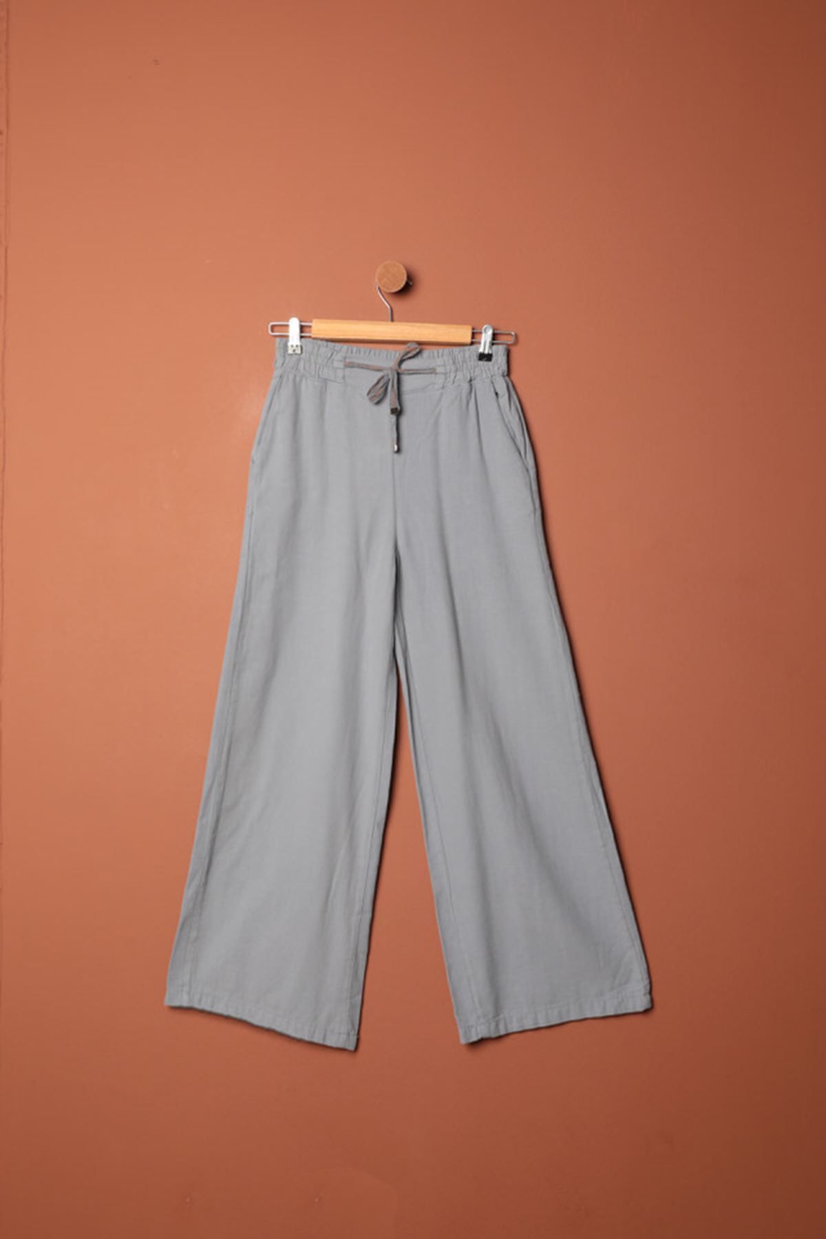 Pink Stil Keten Kumaş Bol Paça Kadın Pantolon-Gri