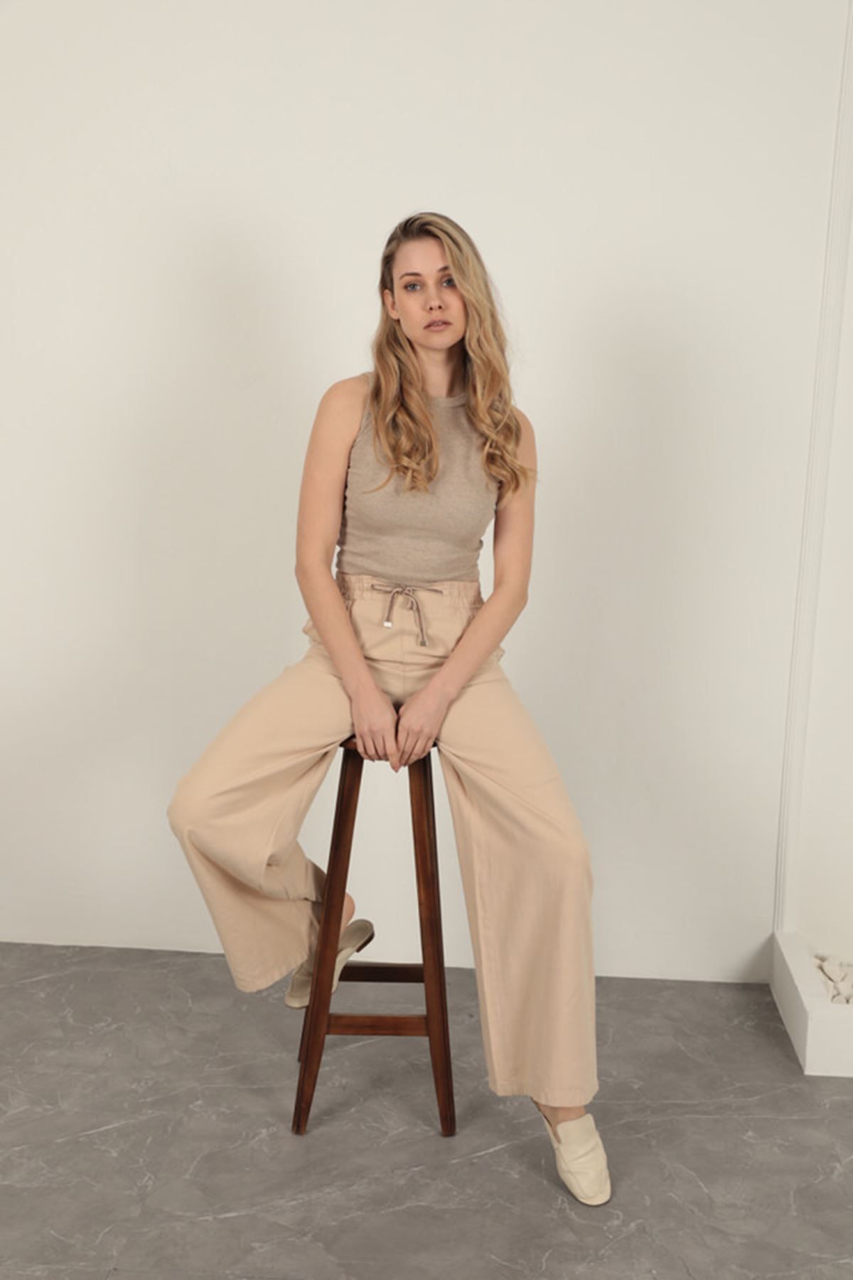 Pink Stil Keten Kumaş Bol Paça Kadın Pantolon-Taş