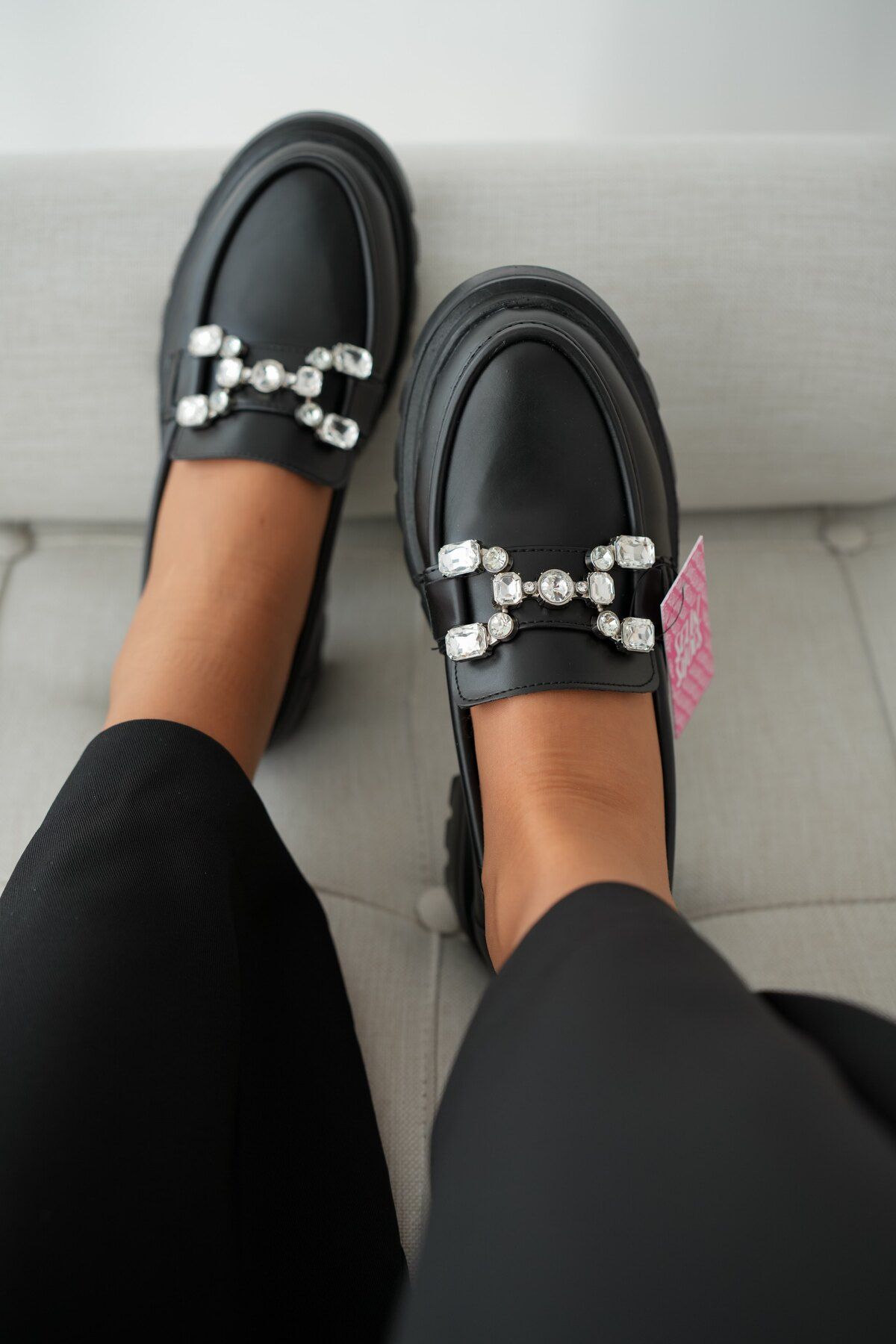 selinshoes-Loafer de damă Sare cu talpă joasă cu detalii de piatră - NEGRU 4