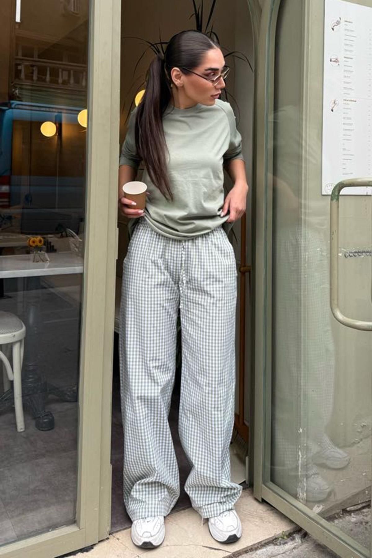 Madmext-Hellgrüne Gingham-Damenhose mit weitem Bein Mg2335 5