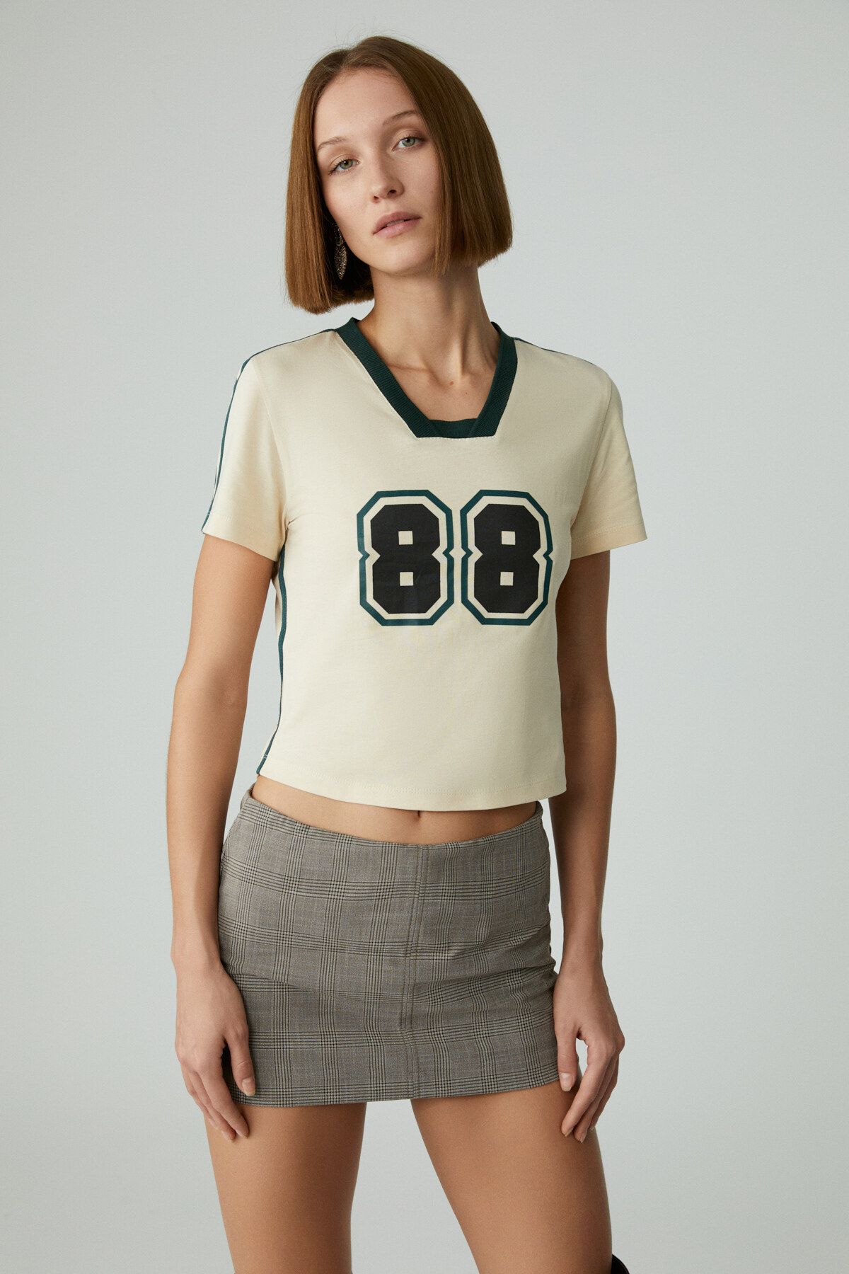 GRIMELANGE-Yeidy Women Slim Printed Short Sleeve Asymmetric Neck Beige T-Shirt 3