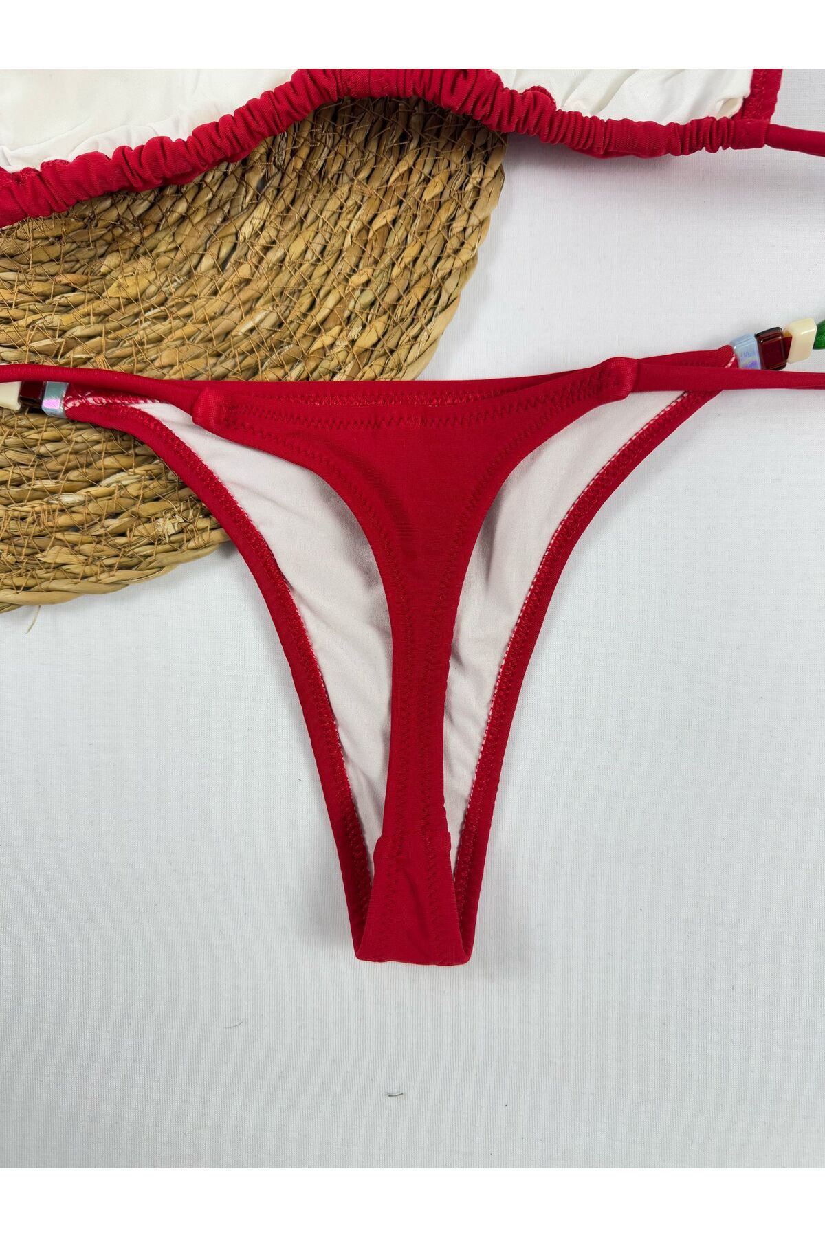 FUNELLA-Women's Red Bead Detailed Lycra String Bikini Set Stylish Drawstring Thong Bikini Set New Model 4