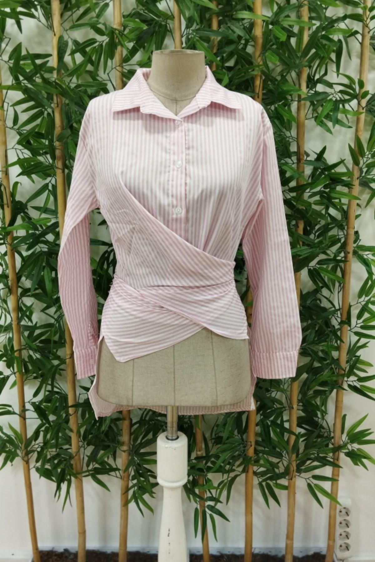 Mossta-Pink Asymmetrical Cut Long Sleeve Shirt Blouse 3