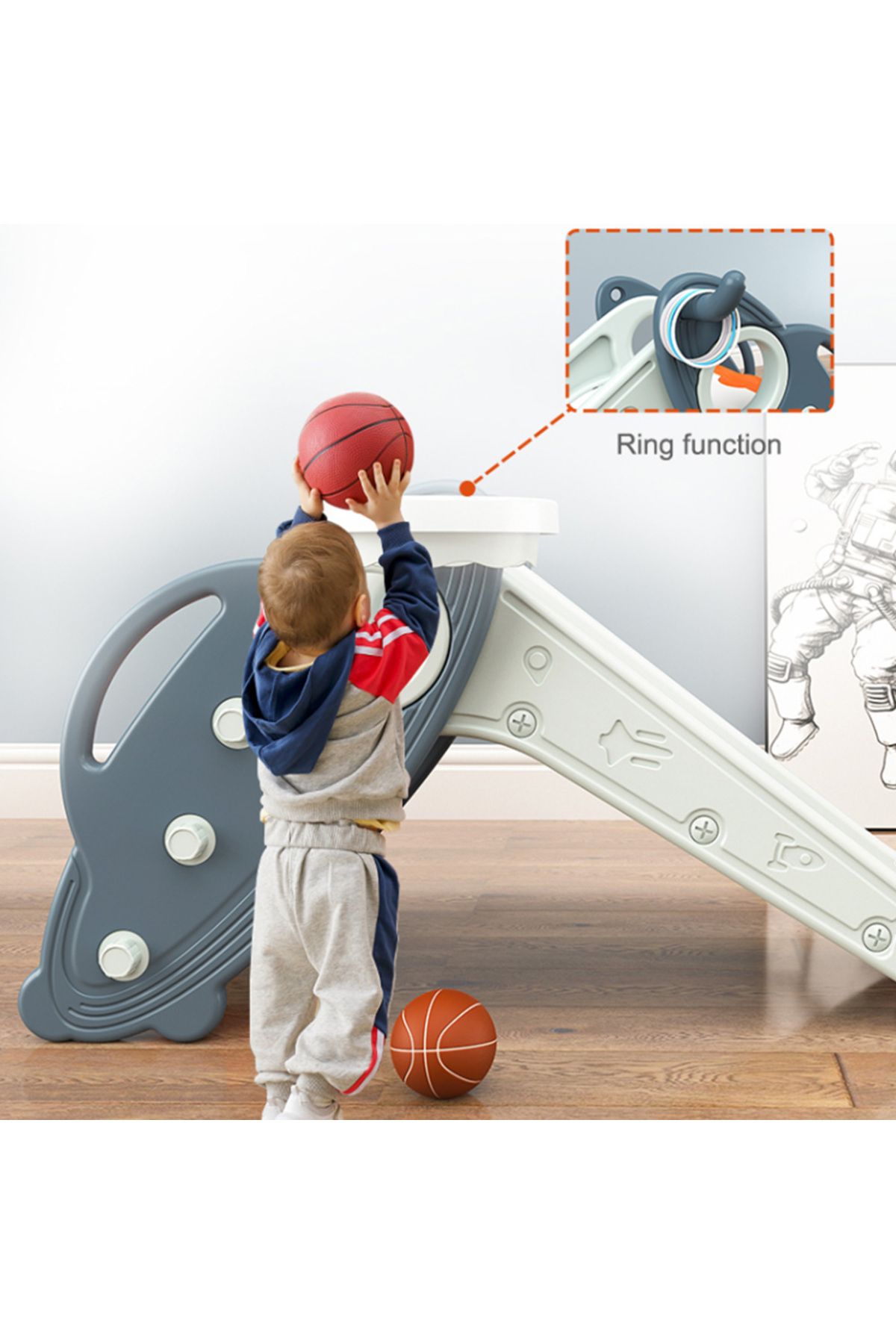 Little Story-3-IN-1 Baby Slide with Basketball and Ring Game - Blue 3