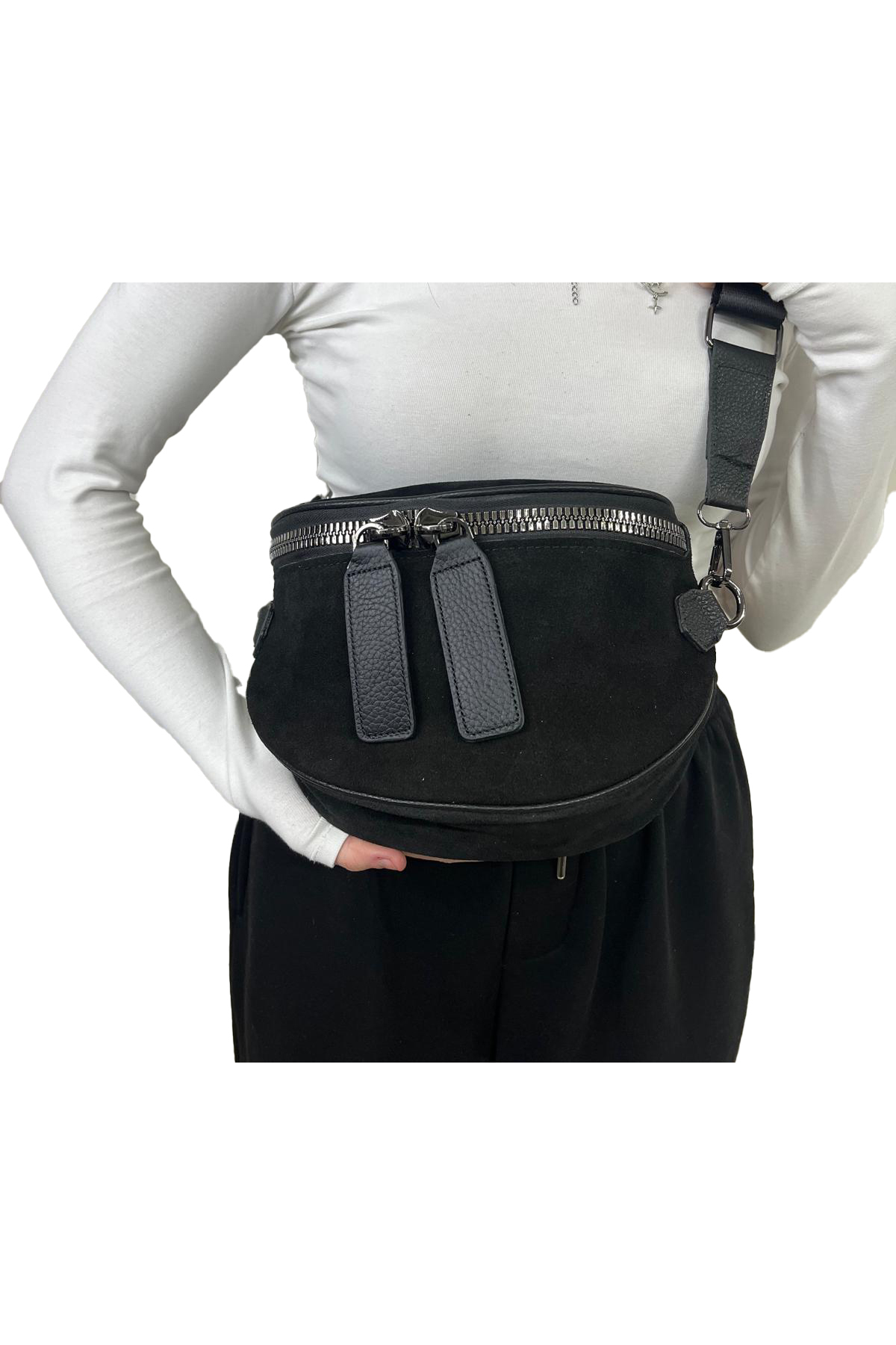 BAG BLACK SUEDE 100% Genuine leather waist bag (bady bag)