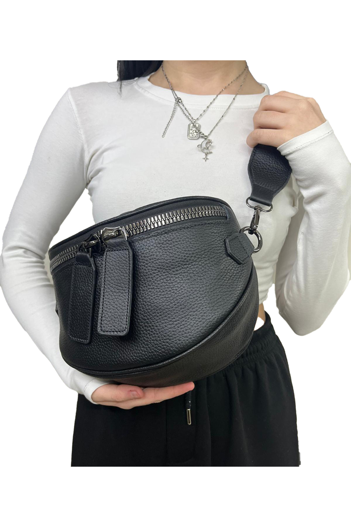 HBS ÇANTA SİYAH 100% Gerçek deri bel çantası (bady bag)