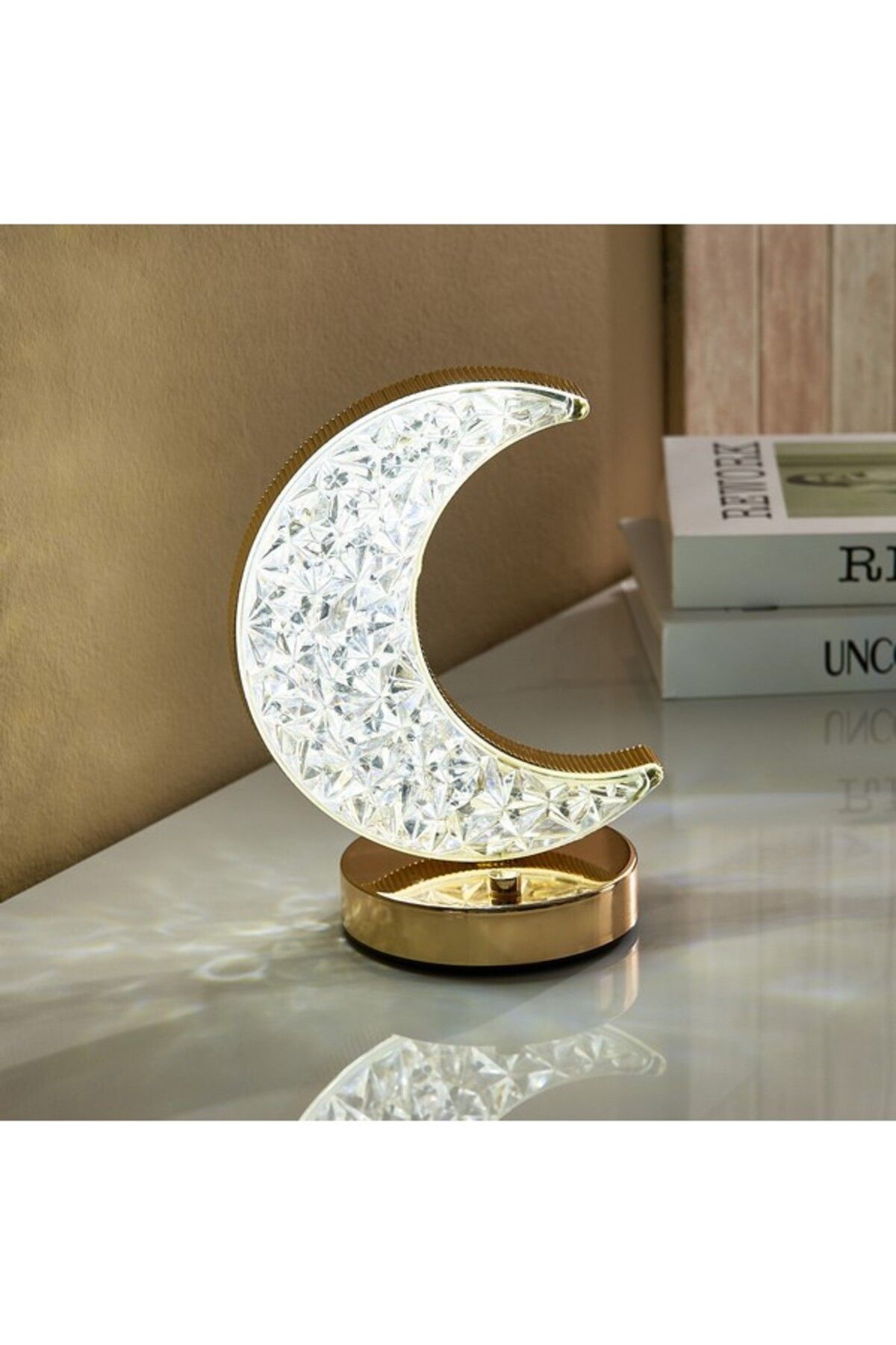 Home Box-Dux Rechargeable Crescent Moon Metal Base Table Lamp with Crystal Shade and Touch Switch 2