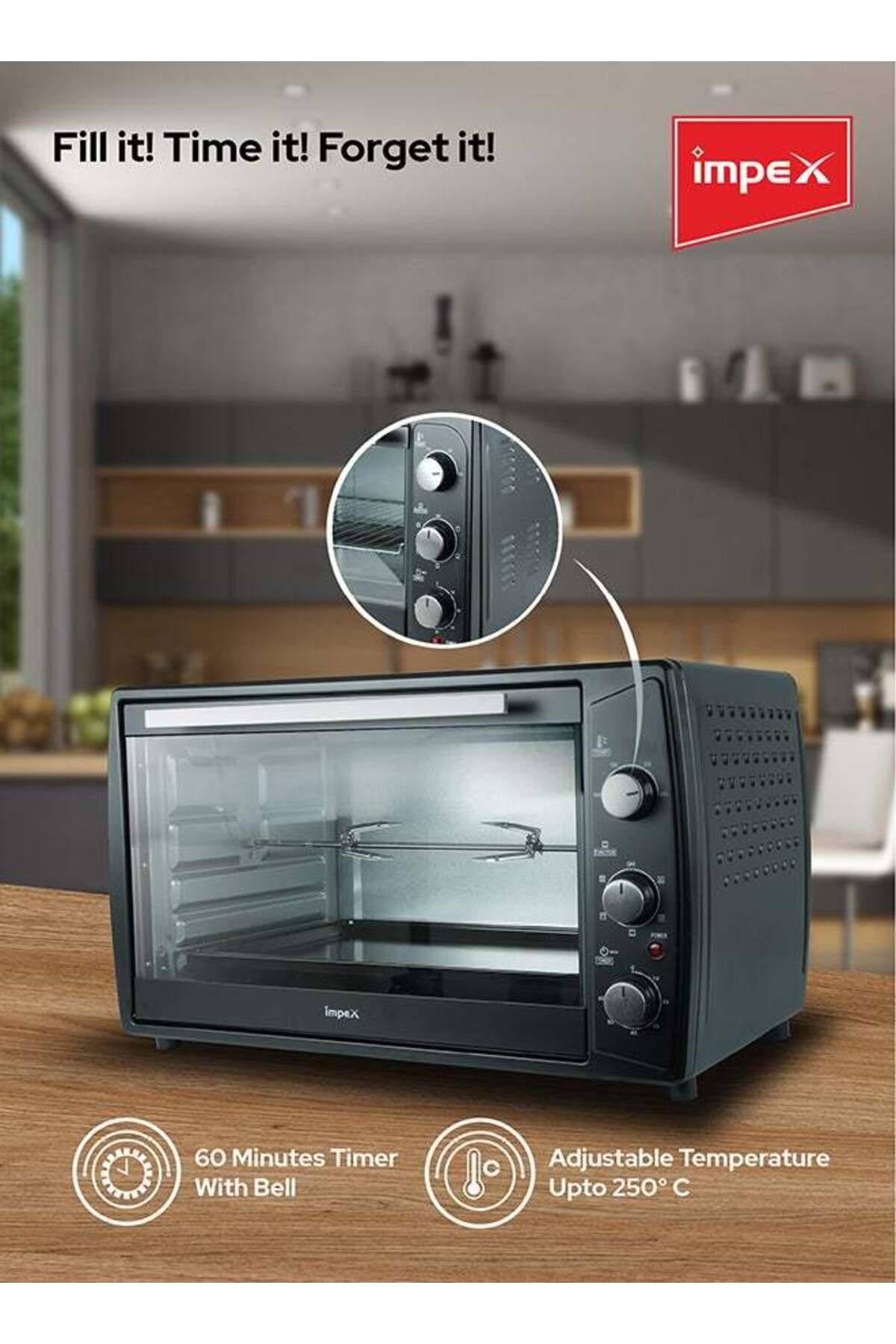 İMPEX-Electric Oven 63Ltr Rotisserie Function, Temp 100-250°C, 60-Min Timer, 6 Heating Level 2200W OV2903 4