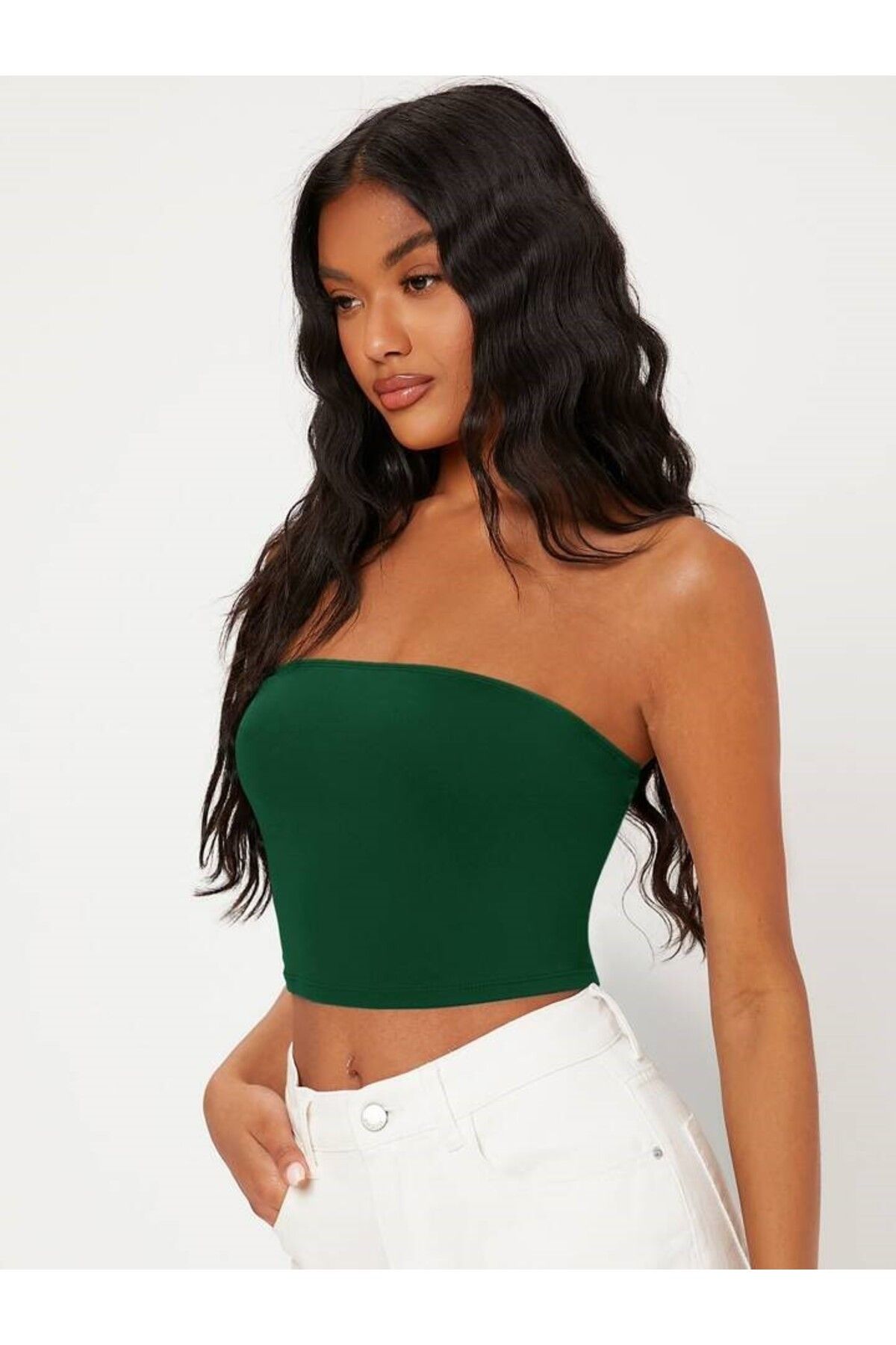 Olyssia-Women's Dark Green Single Jersey / Bustier Strapless Crop 3