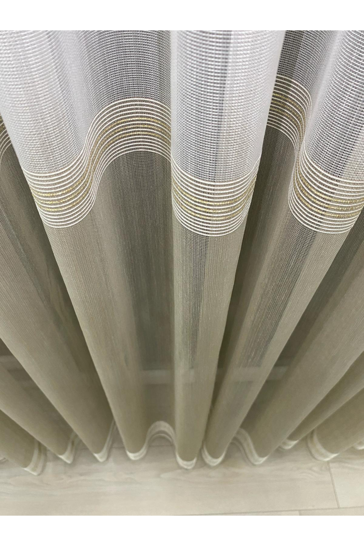 Paris Banded Gold Glitter Two-Color Tulle Curtain | 1/3 Frequently Pleated | Ecru-Beige