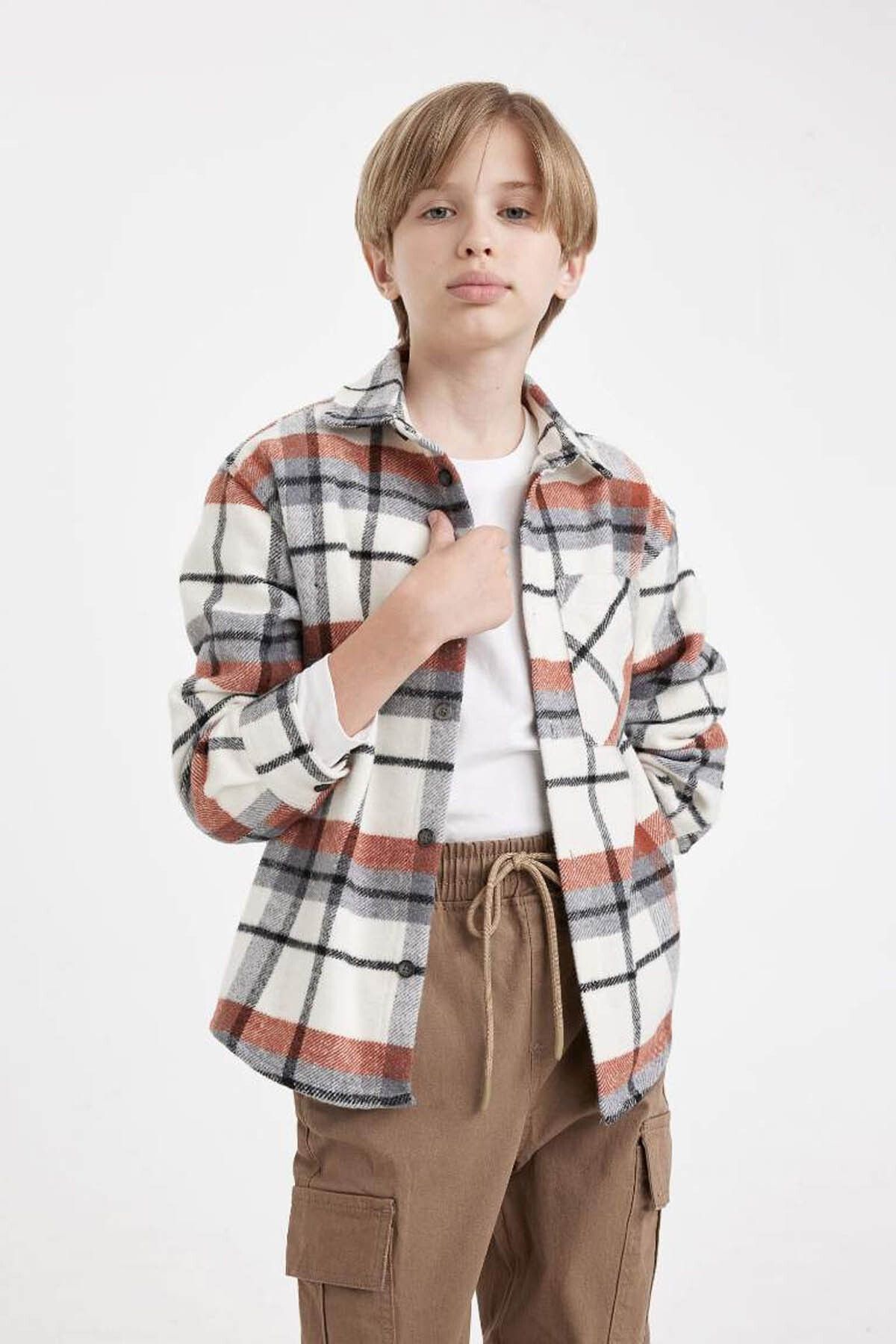 DeFacto-Boy's Polo Neck Flannel Shirt - Long Sleeve, Oversize Cut C9116A824Wn 4