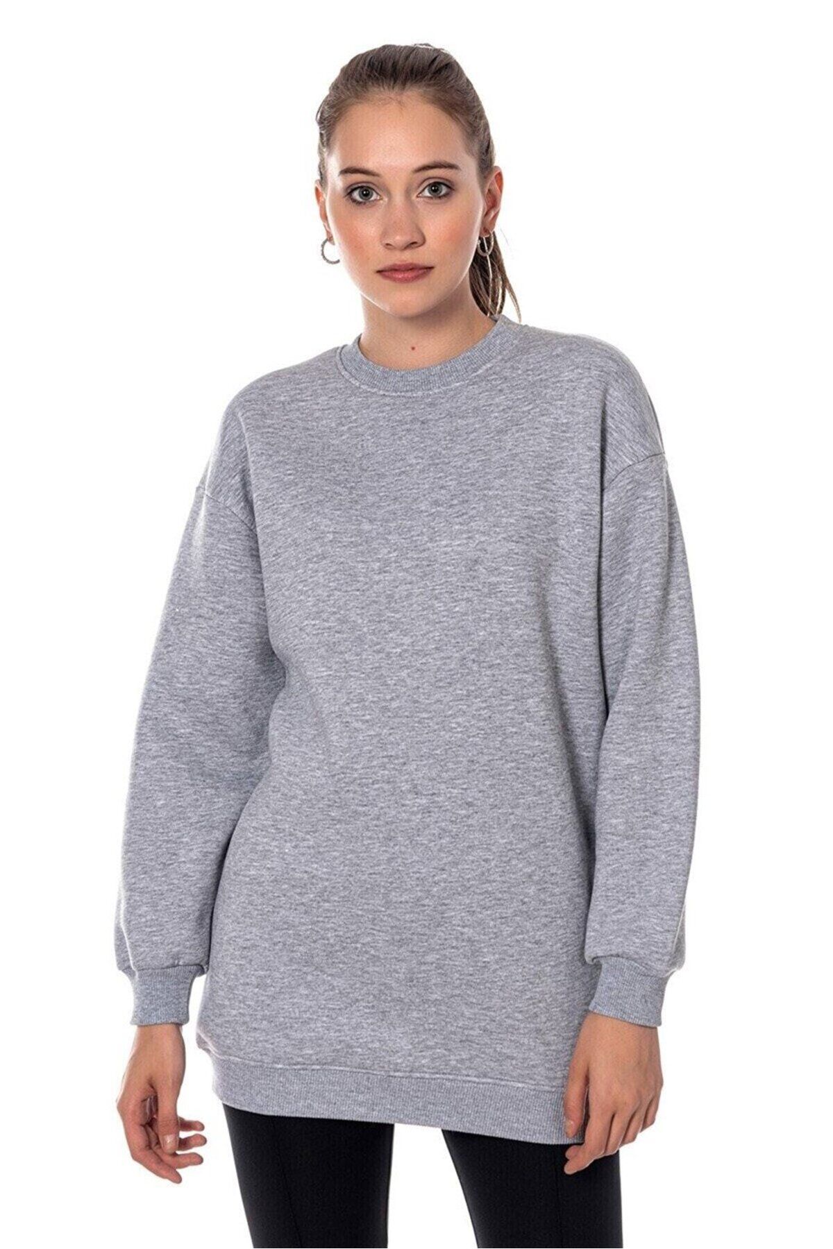 Angemiel Kadın Gri Renk Uzun Kesim Basic Örme Sweatshirt 5070_2010