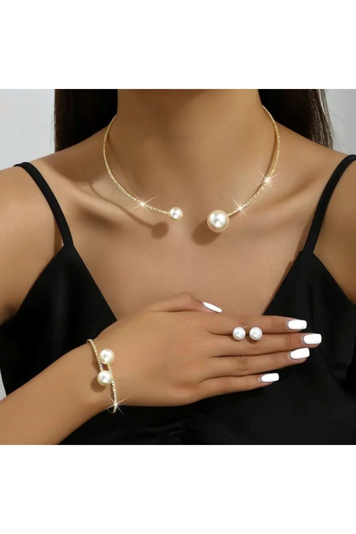 GLANZEND 2'li Su Yolu Kolye Bileklik İncili Set Zirkon Taşlı Gelin Gelin Aksesuar Kolye Bileklik Seti