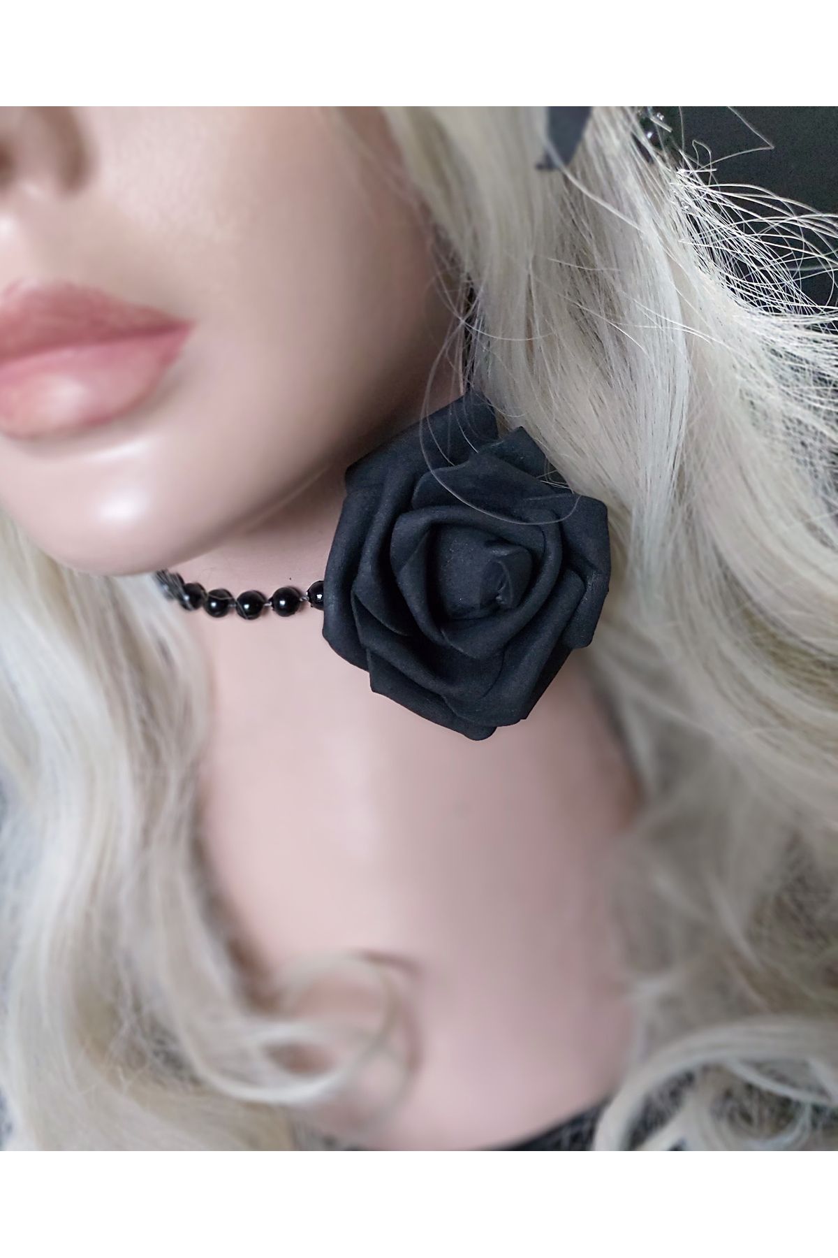 HA&NA-Rose Flower Choker Necklace, Pearl Choker Necklace, Black Necklace 1