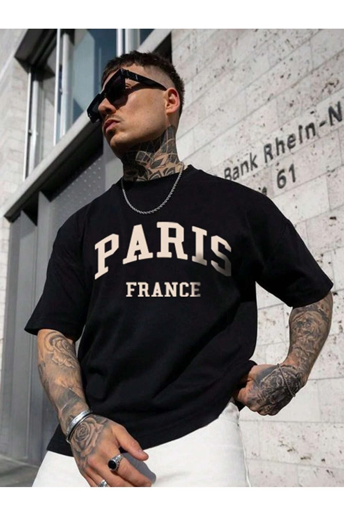 FoxSkin Sportswear&Company Paris France Tişört - Siyah Baskılı Oversize Yazlık Kısa Kol T-Shirt Bisiklet Yaka