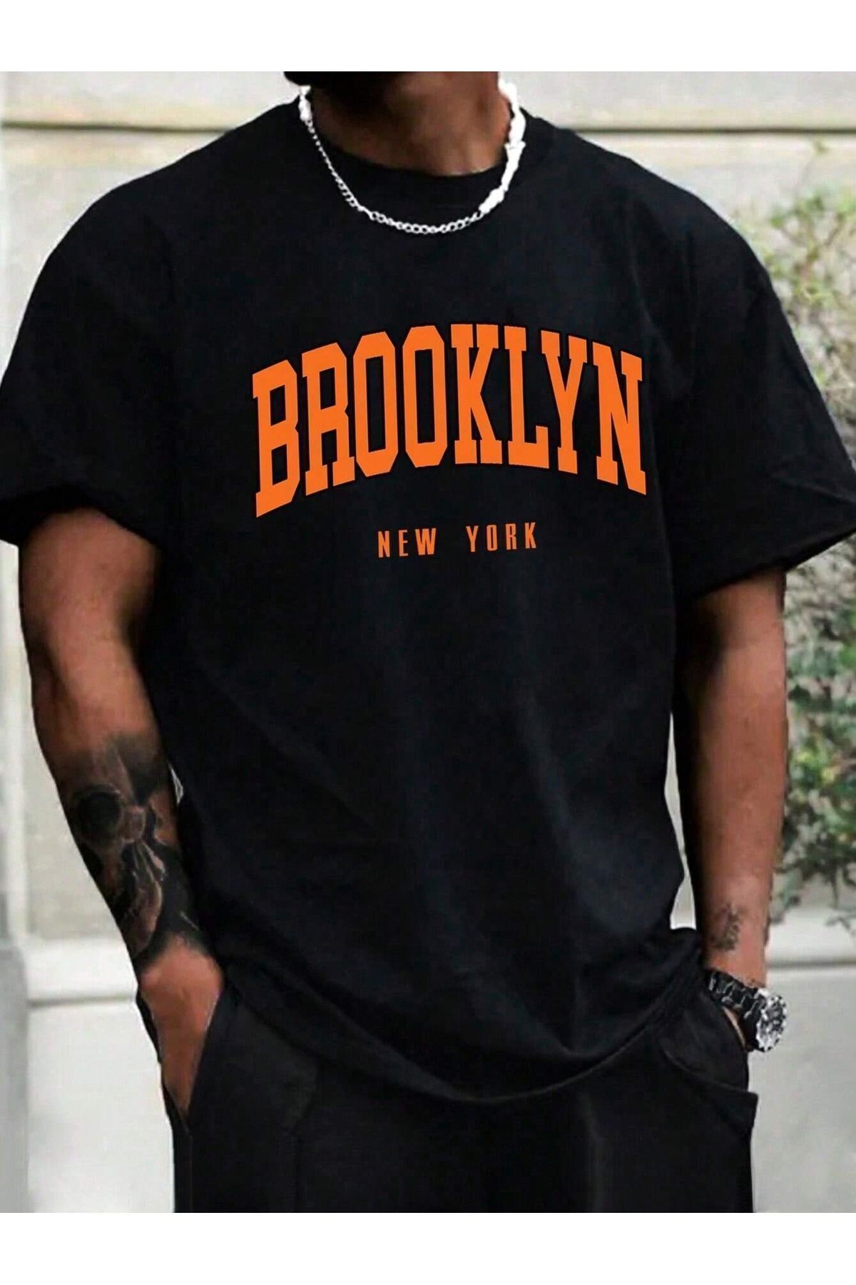 FoxSkin Sportswear&Company Brooklyn New York Turuncu Tişört - Siyah Baskılı Oversize Yazlık Kısa Kol T-Shirt Bisiklet Yaka