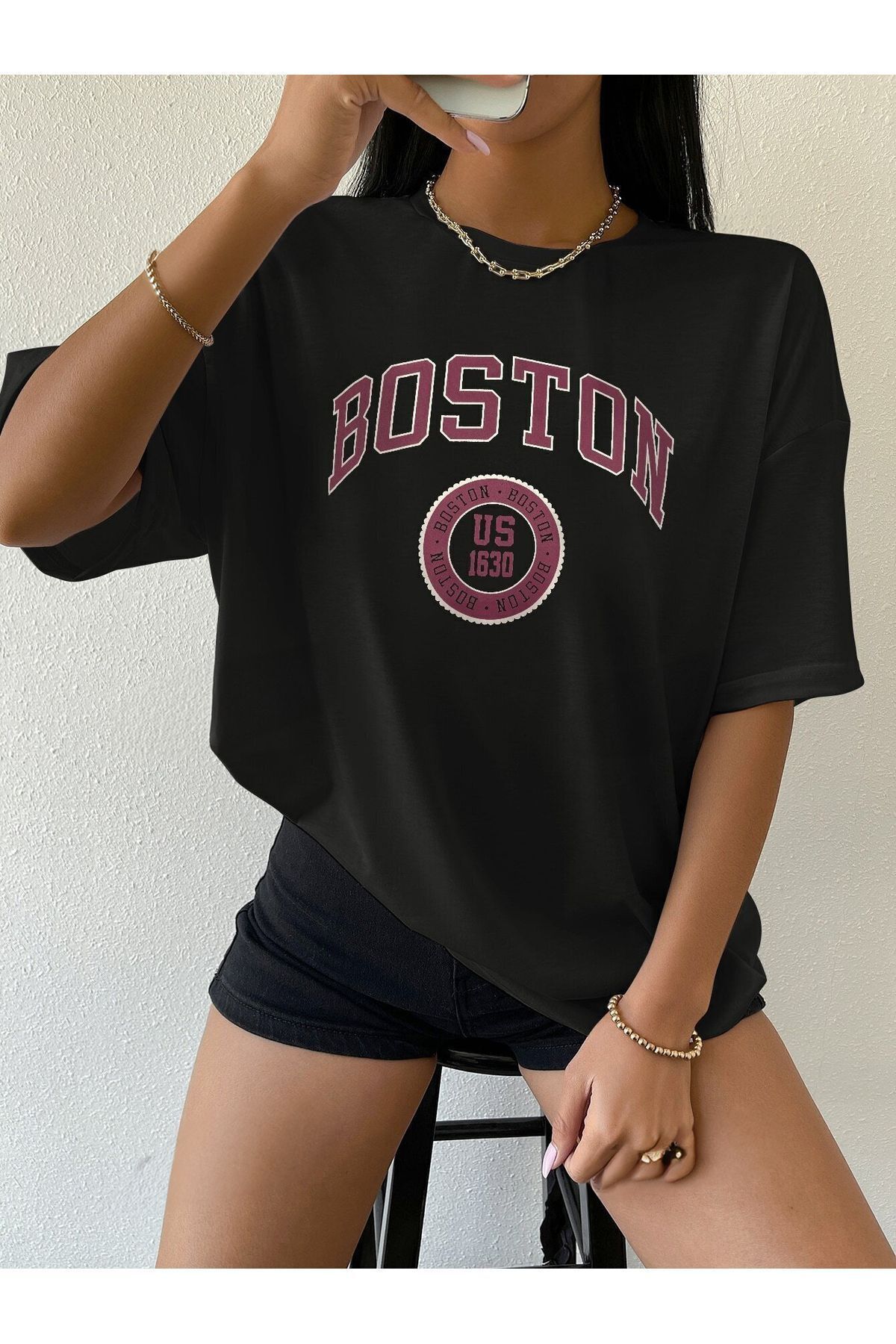 FoxSkin Sportswear&Company Boston Logo Tişört - Siyah Baskılı Oversize Yazlık Kısa Kol T-Shirt Bisiklet Yaka