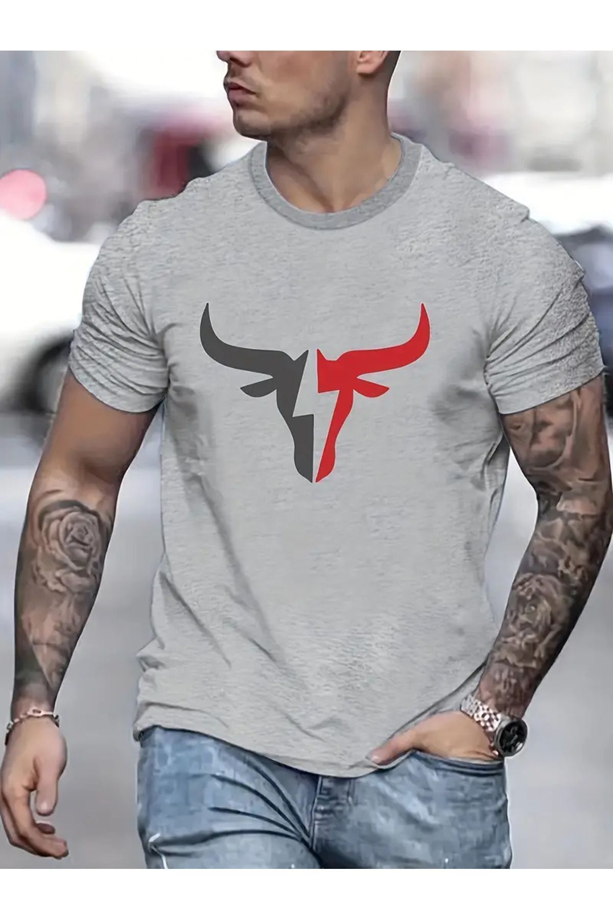 FoxSkin Sportswear&Company Boynuz Tasarım Tişört - Gri Baskılı Oversize Yazlık Kısa Kol T-Shirt Bisiklet Yaka
