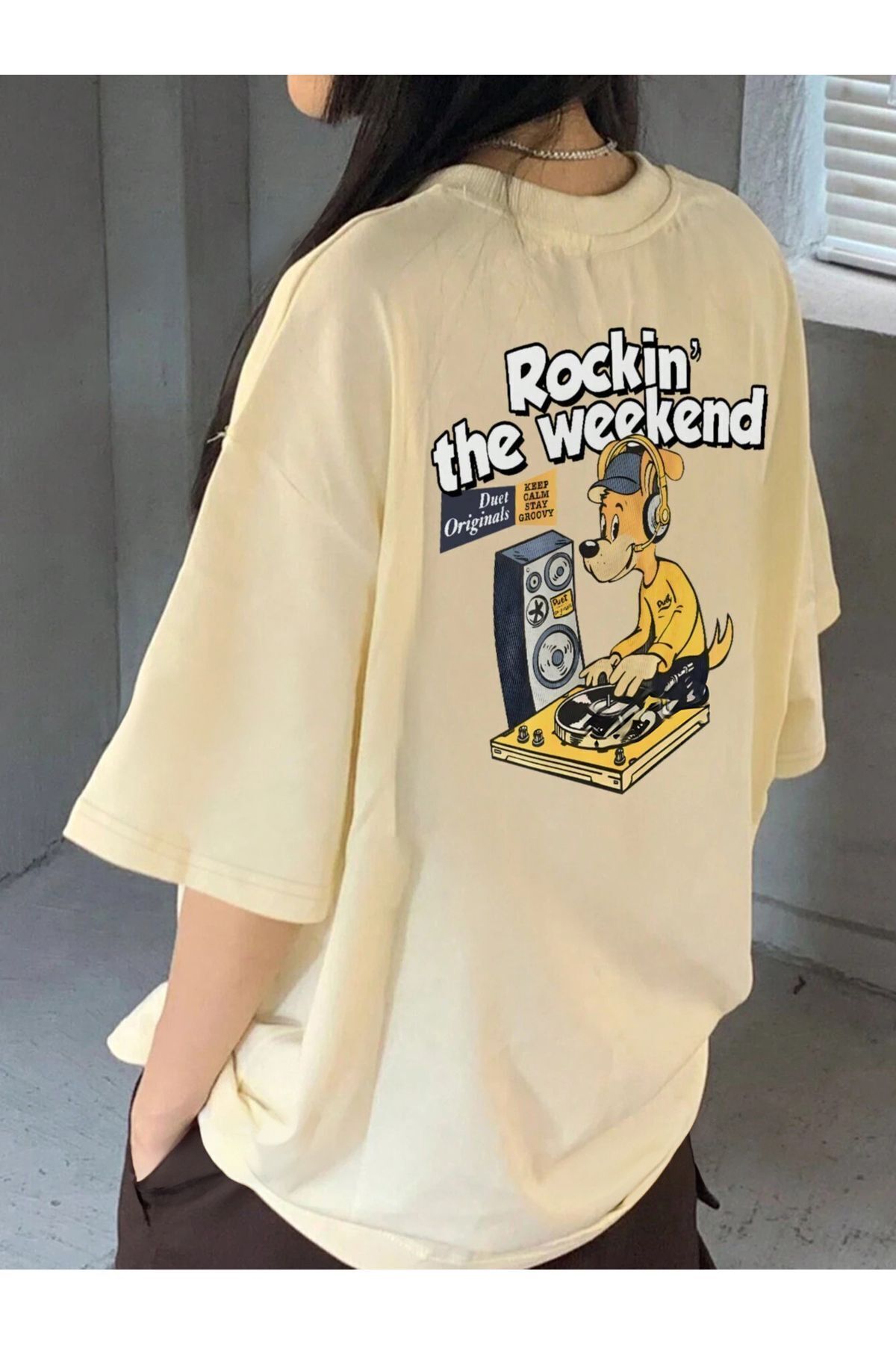 FoxSkin Sportswear&Company Rockin Weekend Tişört - Bej Baskılı Oversize Yazlık Kısa Kol T-Shirt Bisiklet Yaka