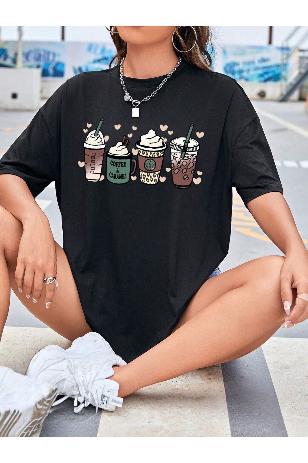 FoxSkin Sportswear&Company Coffe Caramel Tişört - Siyah Baskılı Oversize Yazlık Kısa Kol T-Shirt Bisiklet Yaka
