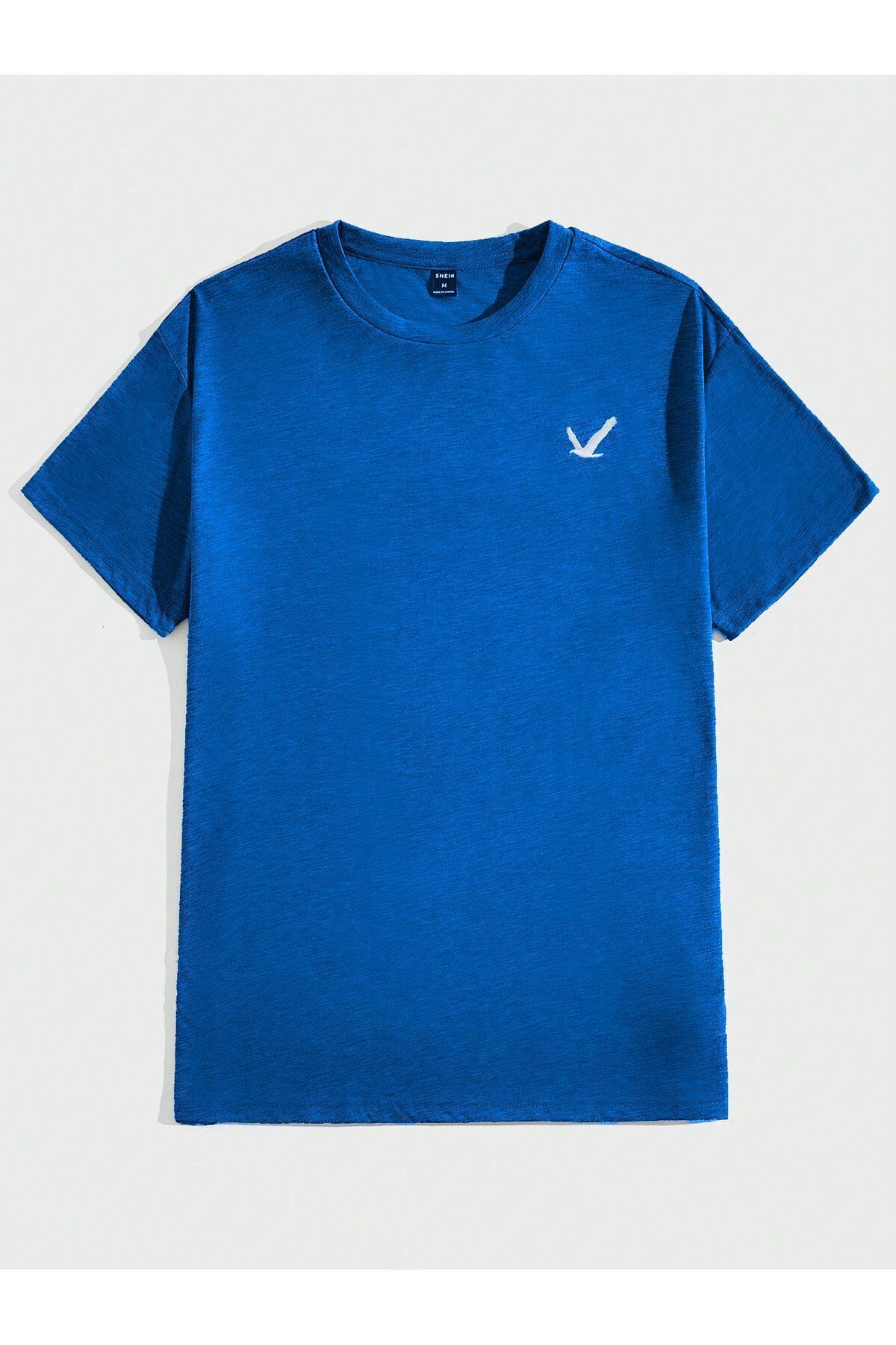 FoxSkin Sportswear&Company Uçan Kuş Logo Tişört - Sax Mavi Baskılı Oversize Yazlık Kısa Kol T-Shirt Bisiklet Yaka