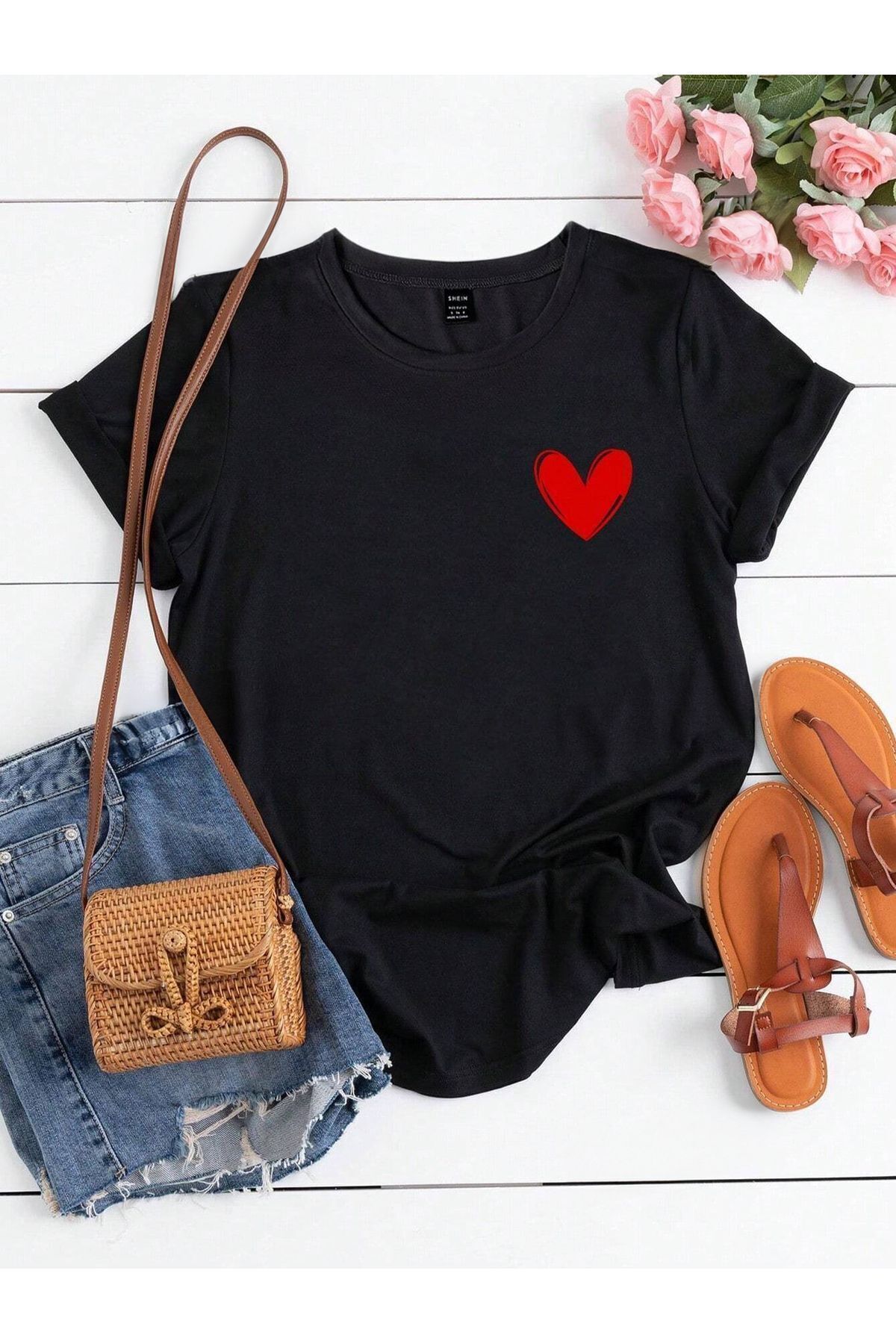 FoxSkin Sportswear&Company Mini Kalp Tişört - Siyah Baskılı Oversize Yazlık Kısa Kol T-Shirt Bisiklet Yaka