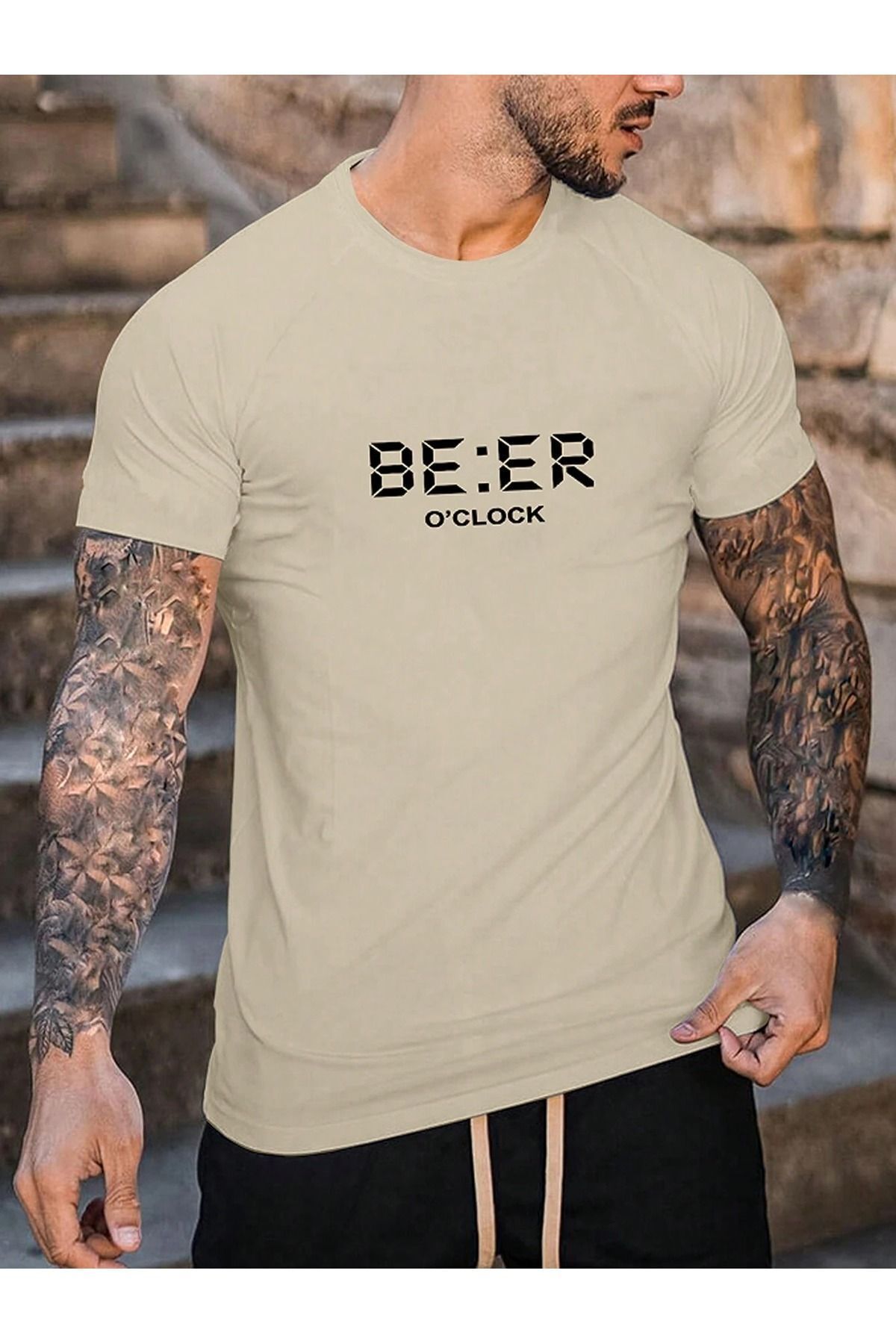FoxSkin Sportswear&Company Beer Clock Tişört - Bej Baskılı Oversize Yazlık Kısa Kol T-Shirt Bisiklet Yaka