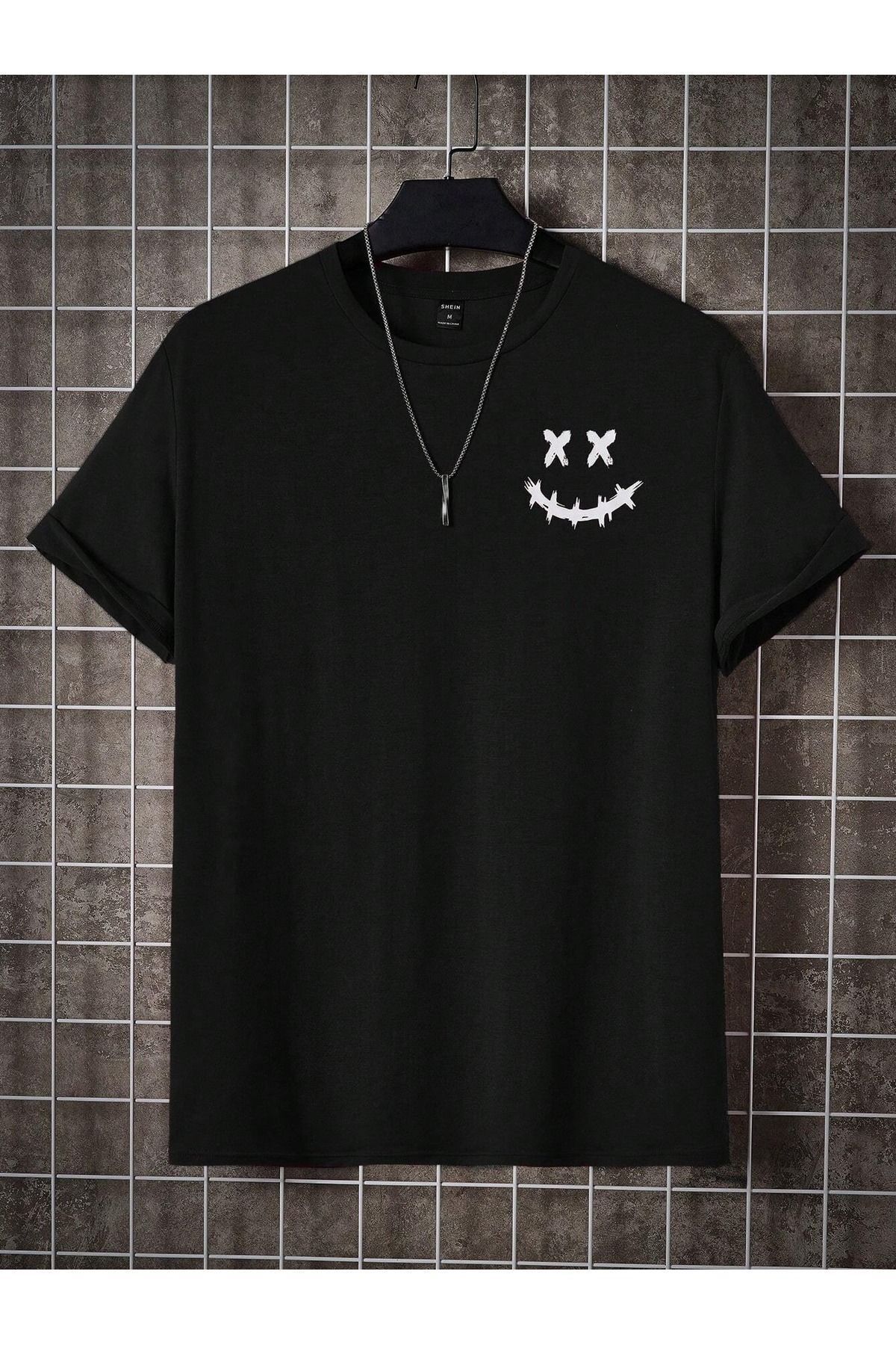 FoxSkin Sportswear&Company X X Yüz Tişört - Siyah Baskılı Oversize Yazlık Kısa Kol T-Shirt Bisiklet Yaka