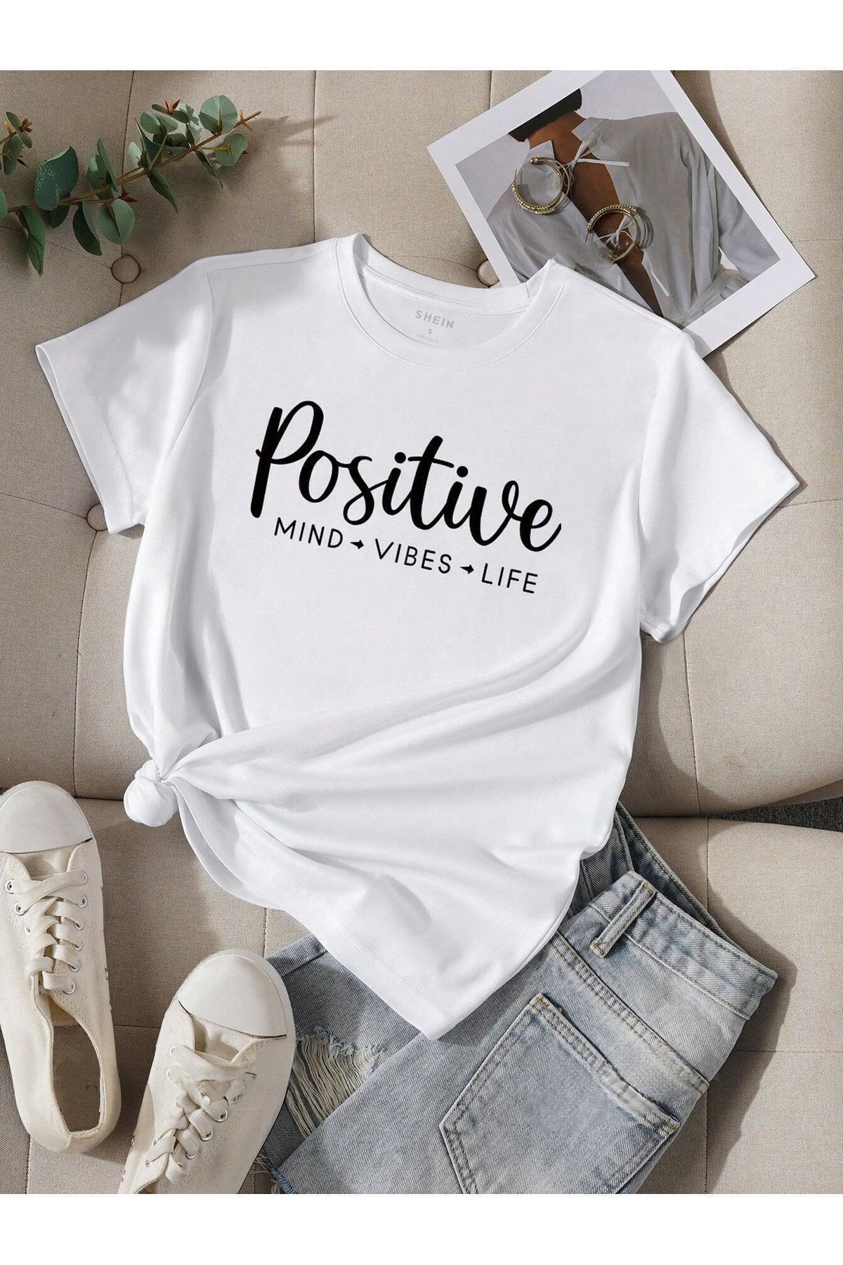 FoxSkin Sportswear&Company Positive Life Tişört - Beyaz Baskılı Oversize Yazlık Kısa Kol T-Shirt Bisiklet Yaka