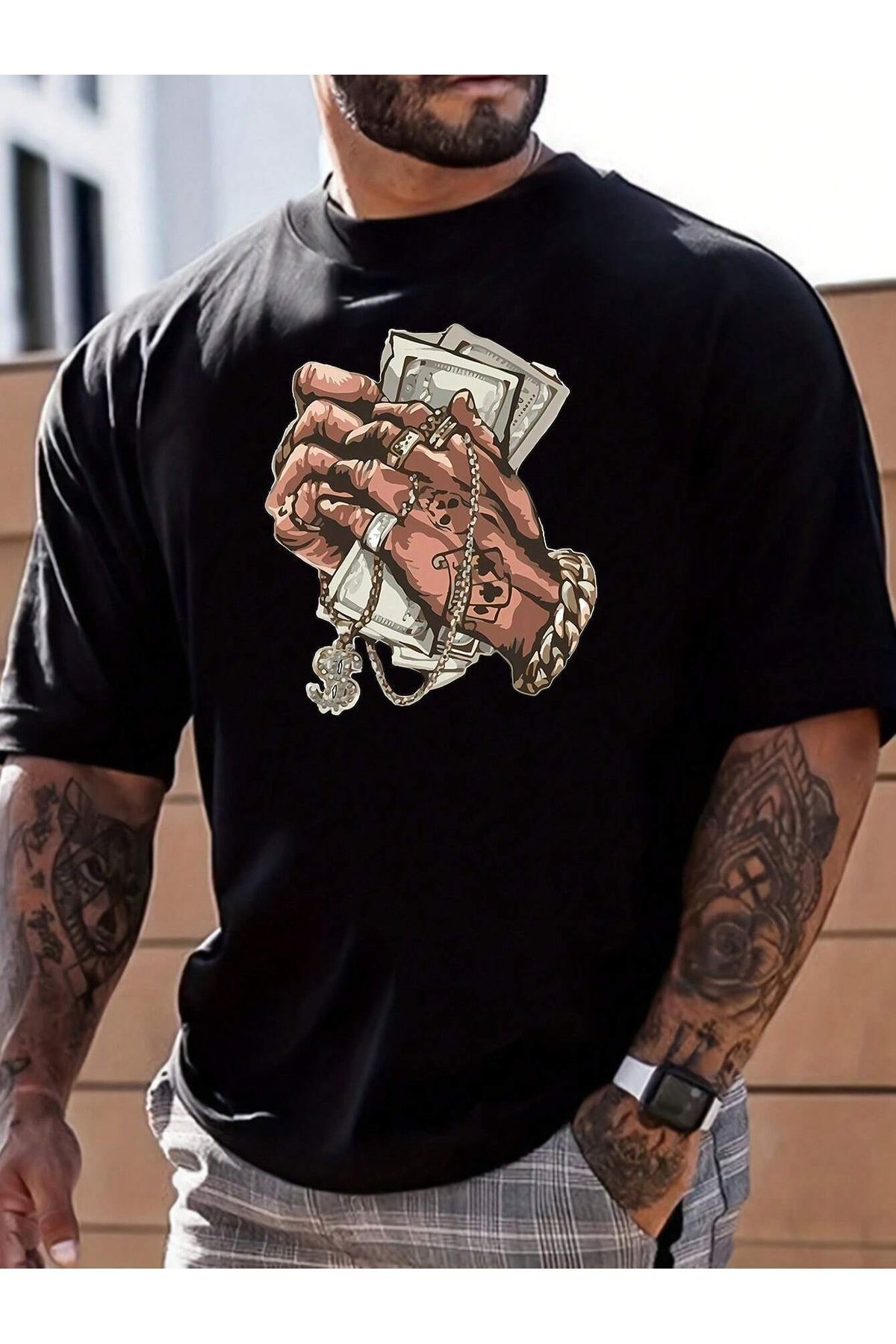 FoxSkin Sportswear&Company Dollar Hand Tişört - Siyah Baskılı Oversize Yazlık Kısa Kol T-Shirt Bisiklet Yaka