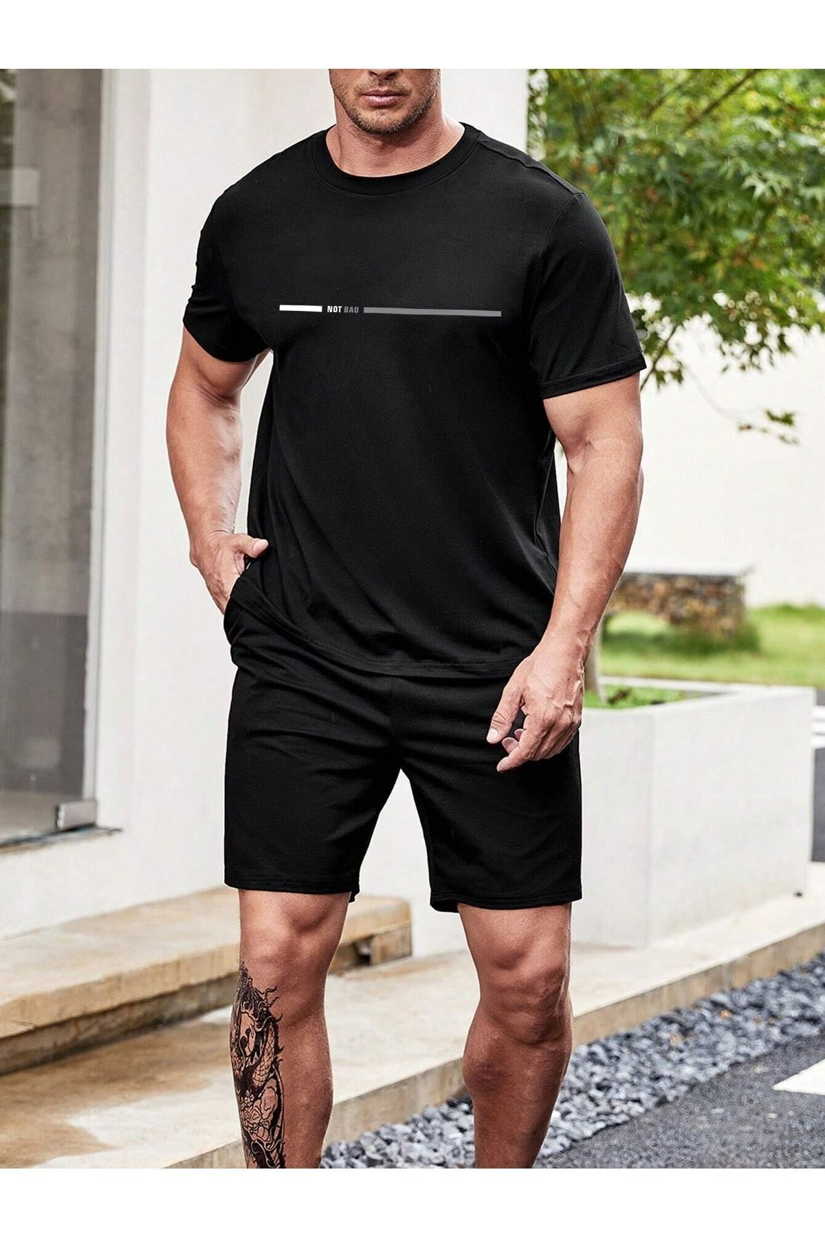 FoxSkin Sportswear&Company Not Bad Çizgi Tişört - Siyah Baskılı Oversize Yazlık Kısa Kol T-Shirt Bisiklet Yaka