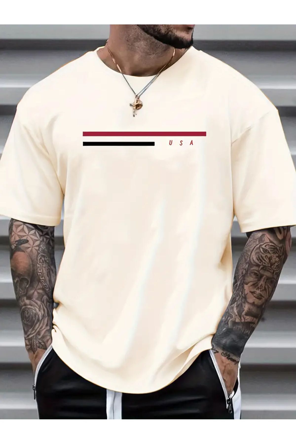 FoxSkin Sportswear&Company Usa Çift Şerit Tişört - Bej Baskılı Oversize Yazlık Kısa Kol T-Shirt Bisiklet Yaka