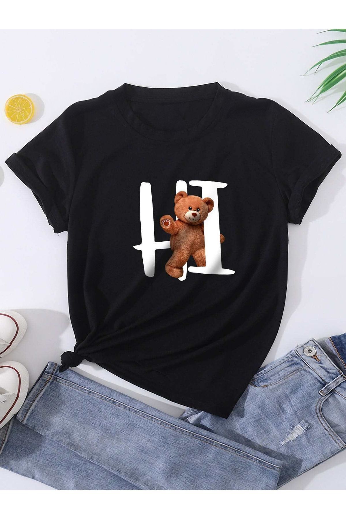 FoxSkin Sportswear&Company Hi Bear Tişört - Siyah Baskılı Oversize Yazlık Kısa Kol T-Shirt Bisiklet Yaka